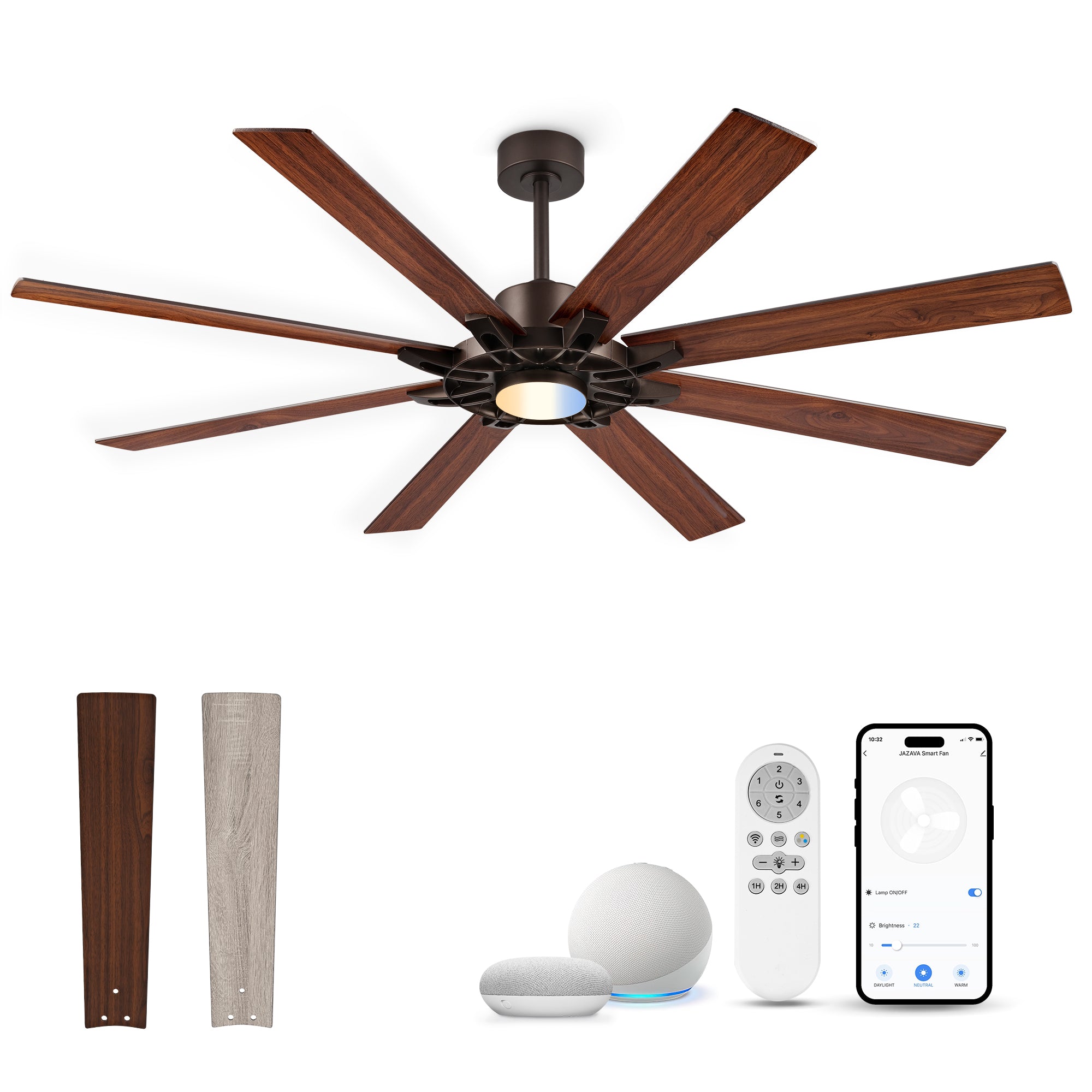 72" Smart Ceiling Fan with Light, Patented Hub Design, Plywood Blade, Alexa App Control, Bronze & Wood