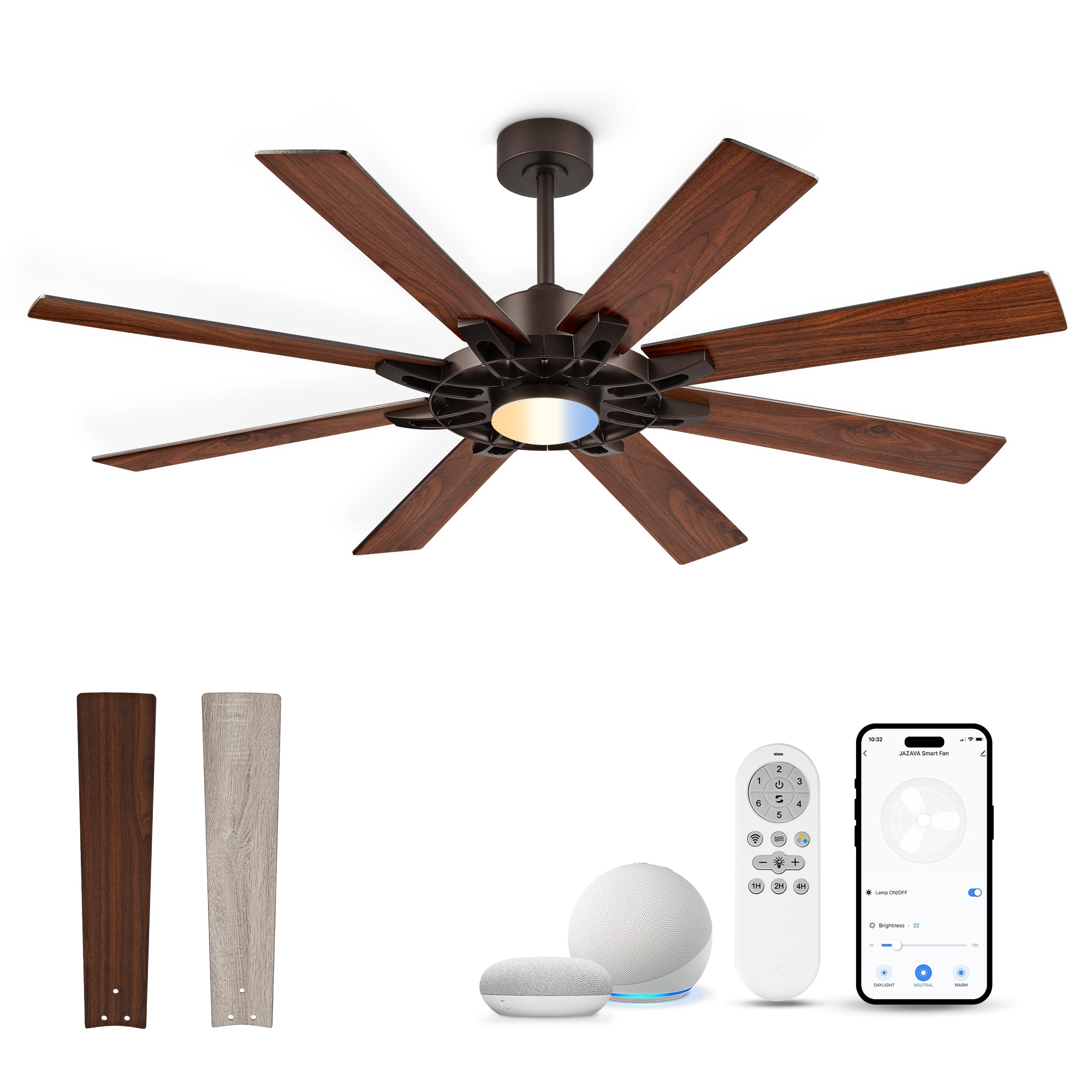 60" Smart Ceiling Fan with Light, Patented Hub Design, Plywood Blade, Alexa App Control, Bronze & Wood