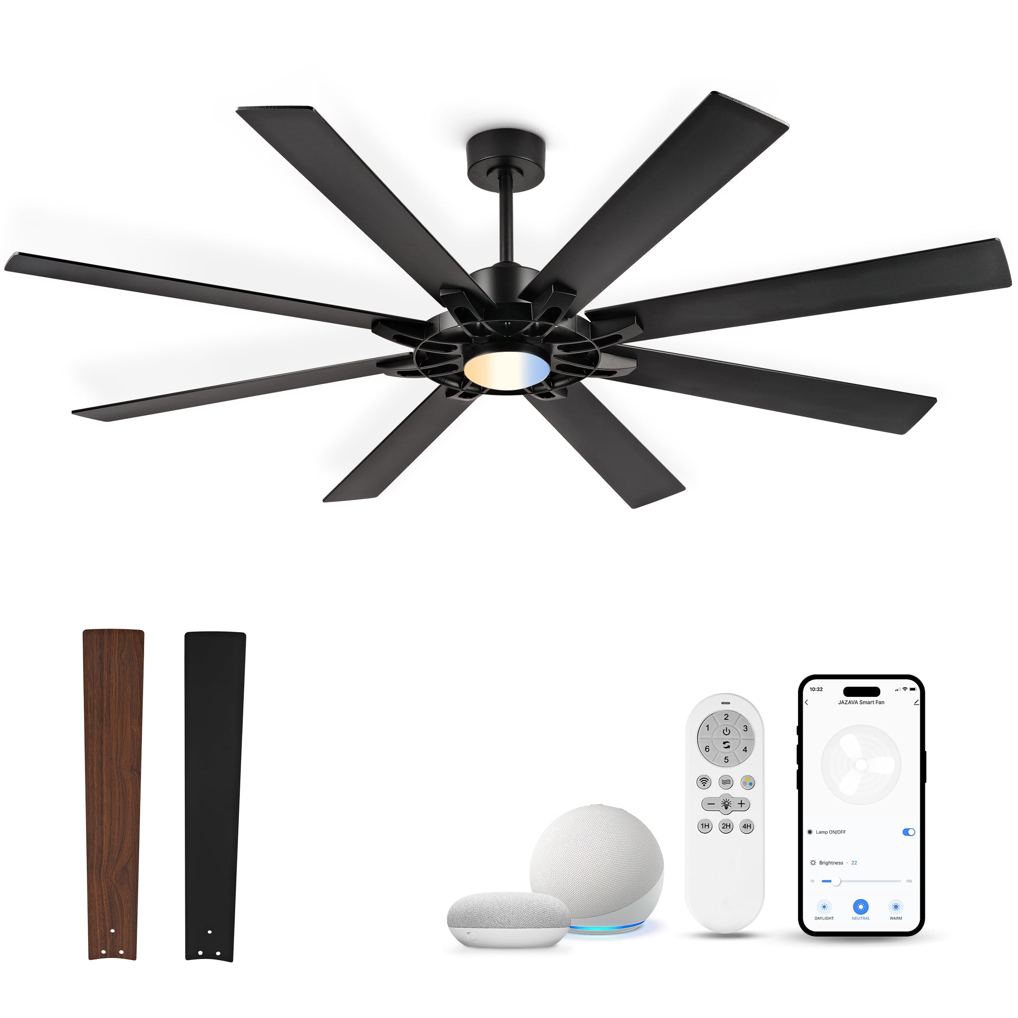 72" Smart Ceiling Fan with Light, Patented Hub Design, Plywood Blade, Alexa App Control, Black & Walnut
