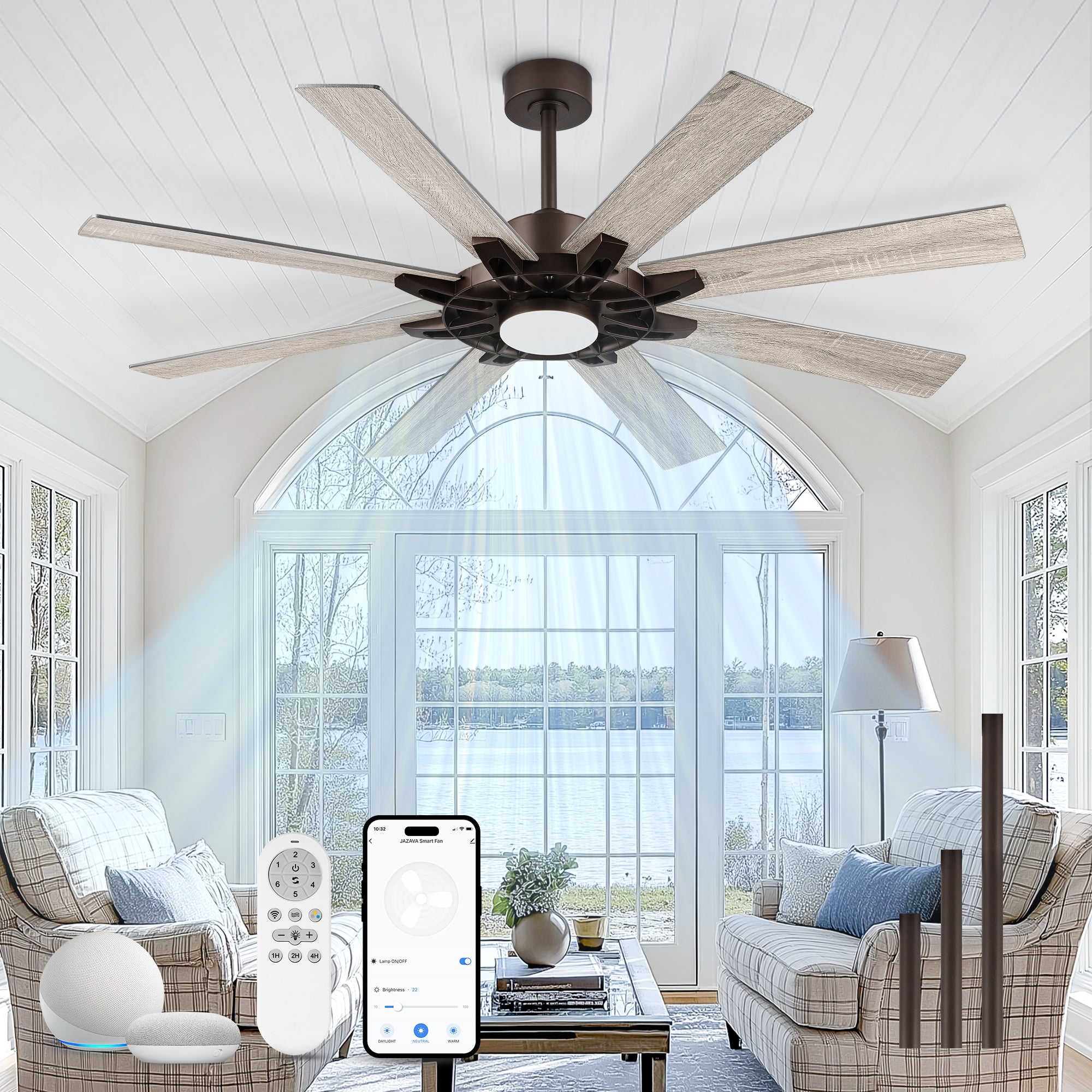 60" Smart Ceiling Fan with Light, Patented Hub Design, Plywood Blade, Alexa App Control, Bronze & Wood