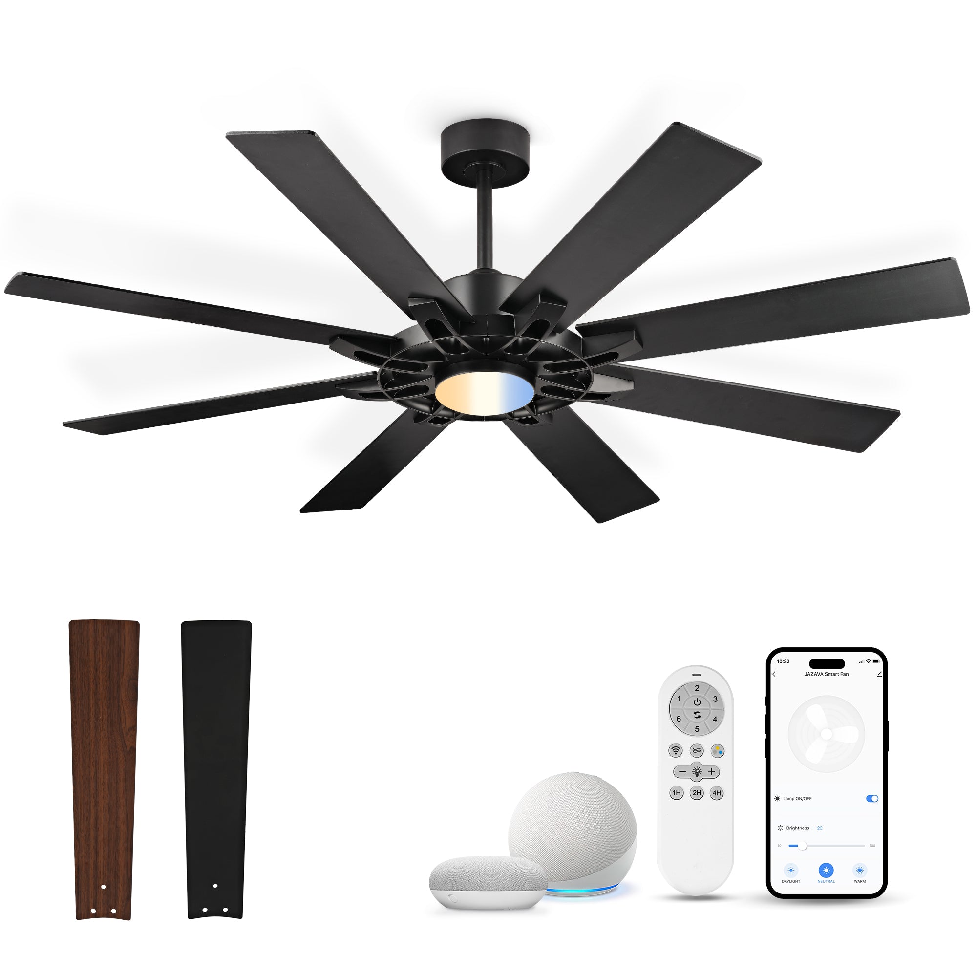 60" Smart Ceiling Fan with Light, Patented Hub Design, Plywood Blade, Alexa App Control, Black & Walnut