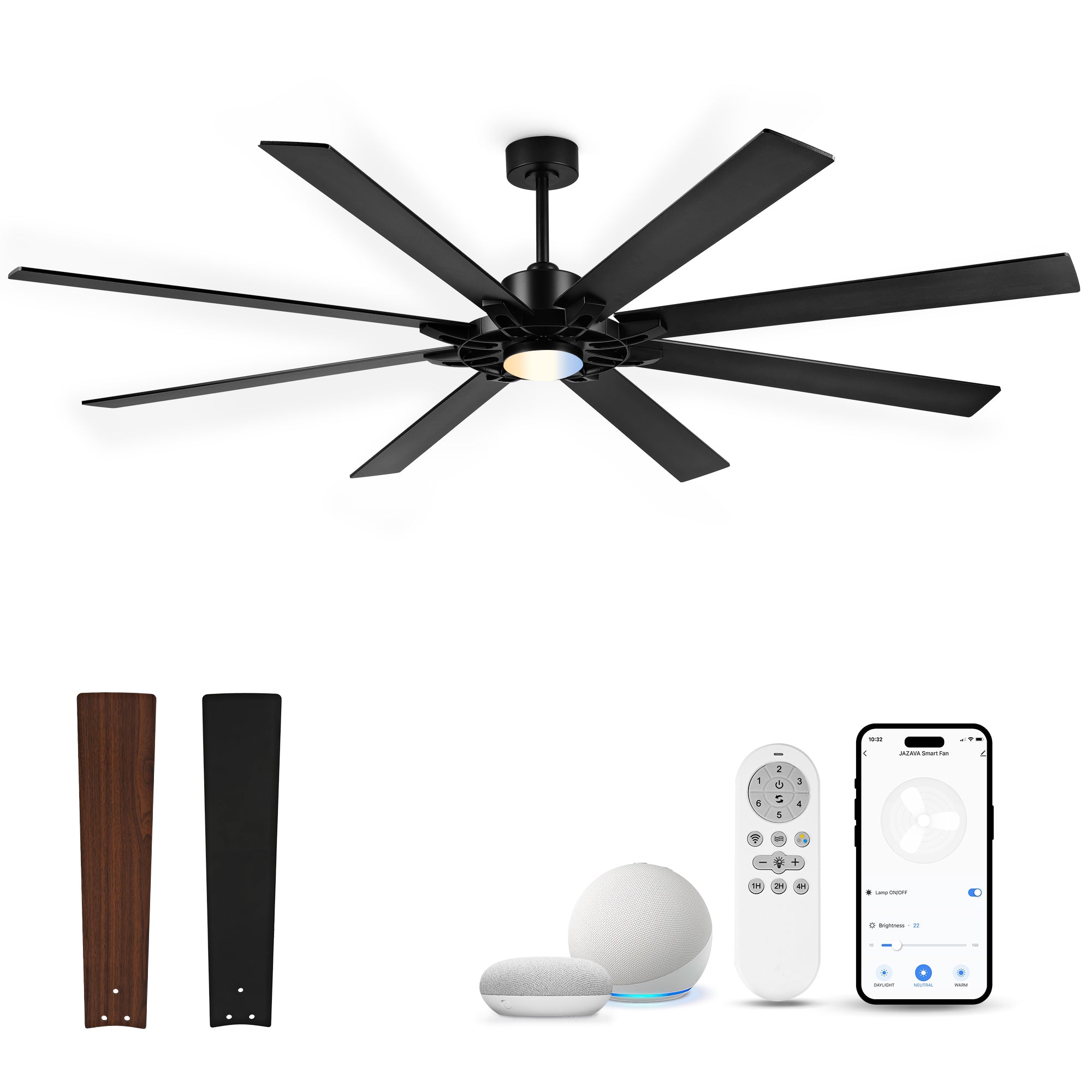 84" Smart Ceiling Fan with Light, Patented Hub Design, Plywood Blade, Alexa App Control, Black & Walnut