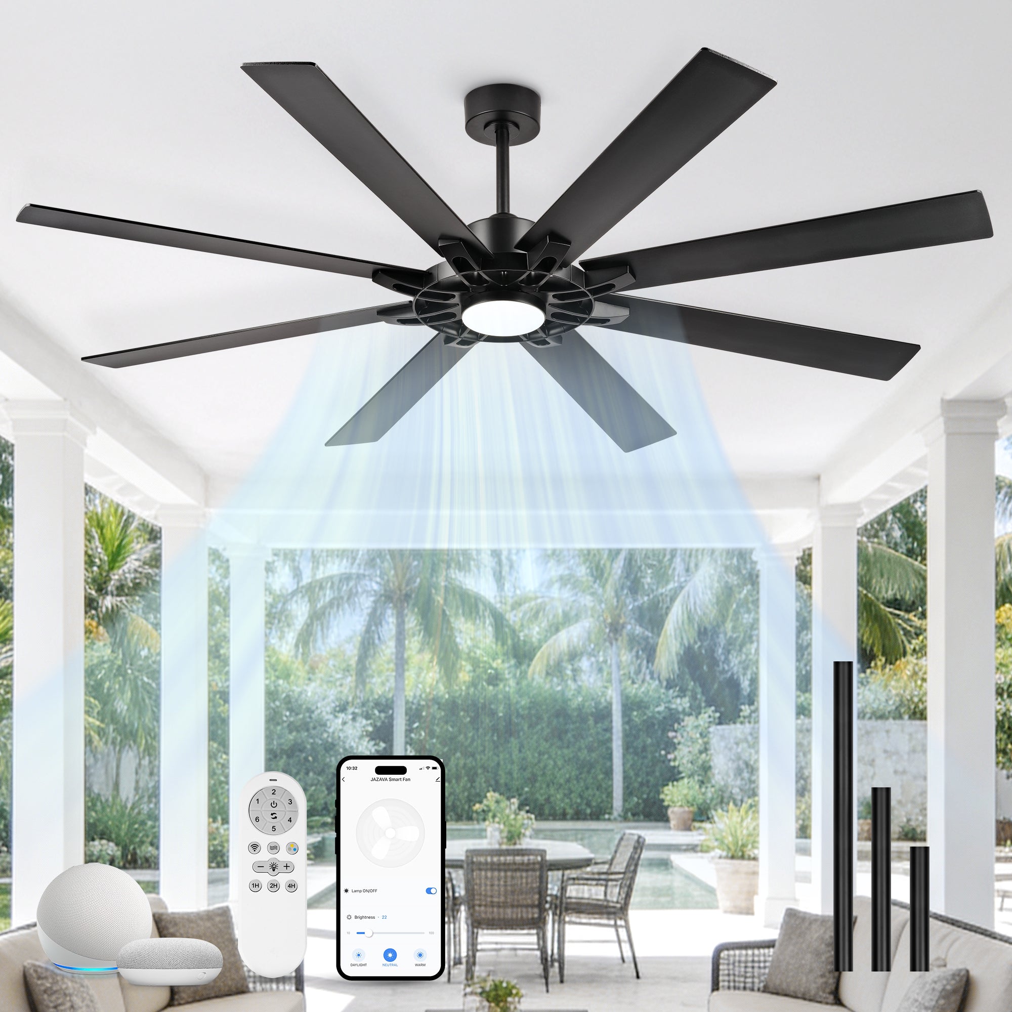 72" Smart Ceiling Fan with Light, Patented Hub Design, Plywood Blade, Alexa App Control, Black & Walnut
