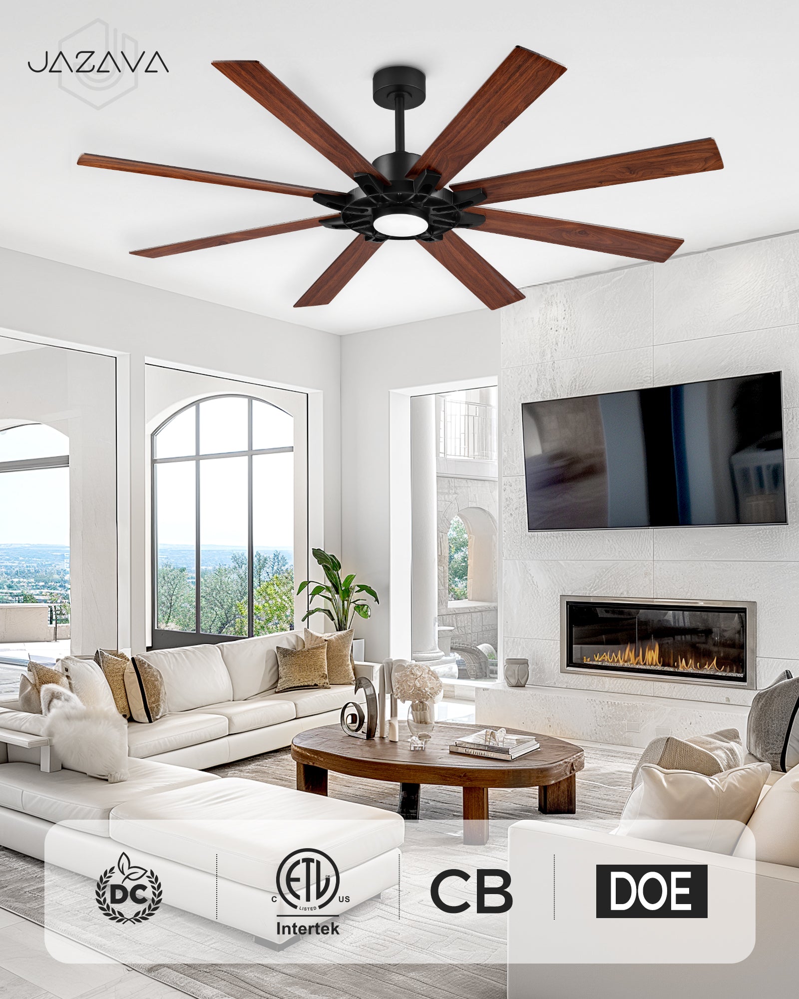 72" Smart Ceiling Fan with Light, Patented Hub Design, Plywood Blade, Alexa App Control, Black & Walnut