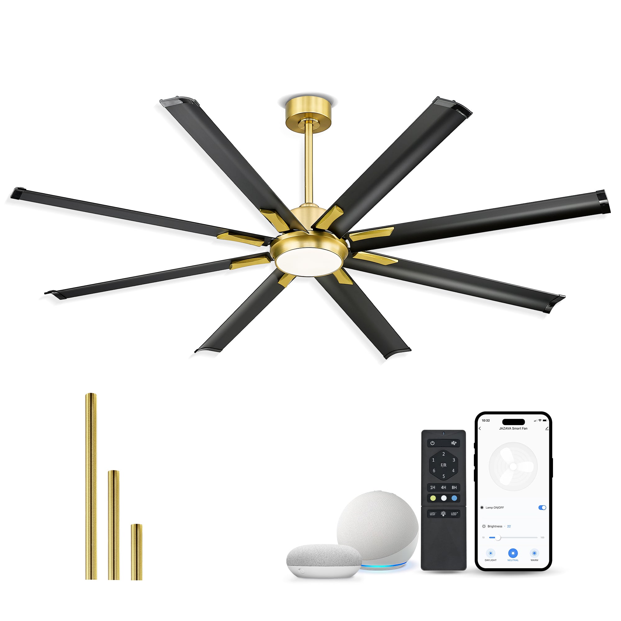 72" Smart Ceiling Fan with Light,Aluminium Blades,Works with Alexa,Black & Gold