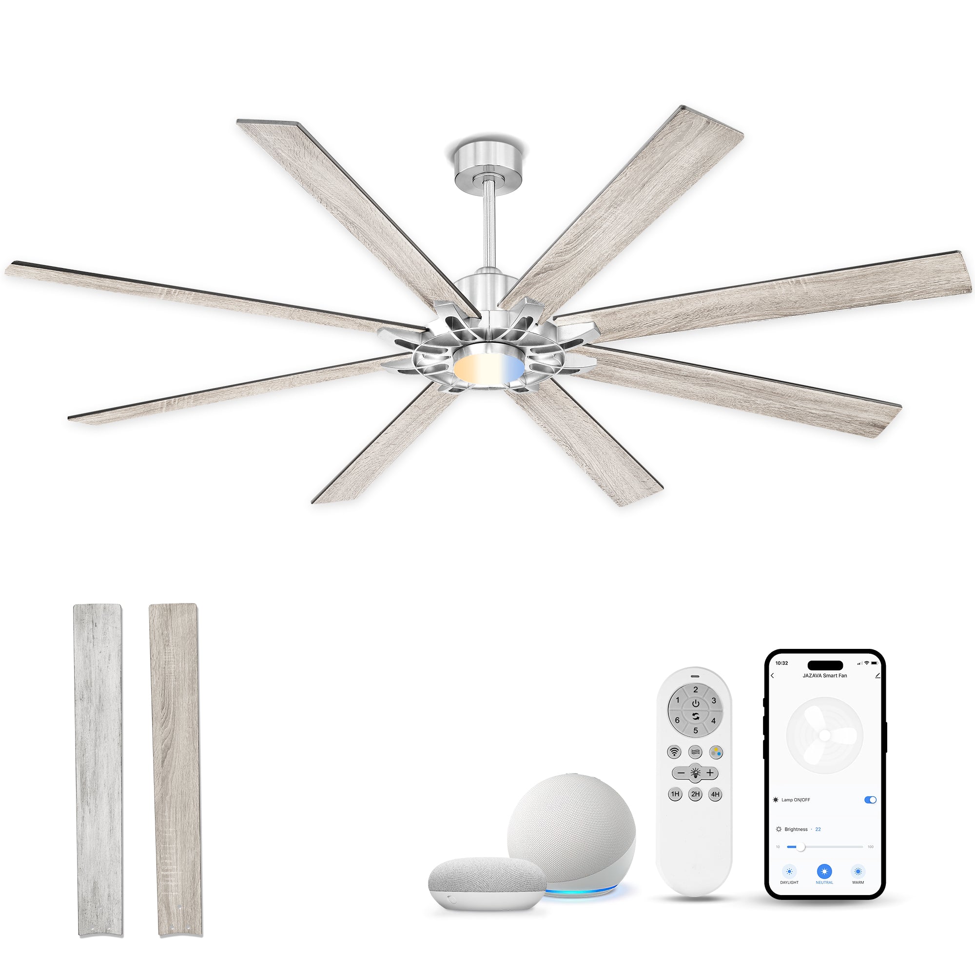84" Smart Ceiling Fan with Light, Patented Hub Design, Plywood Blade, Alexa App Control, Brushed Nickel & Wood