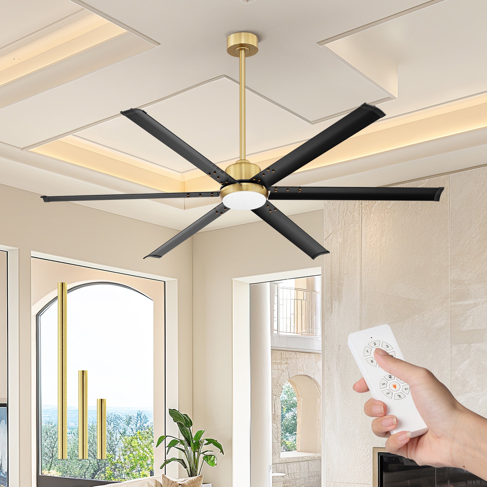 72" Industrial Ceiling Fan with Light, Aluminium Blades, Black & Gold