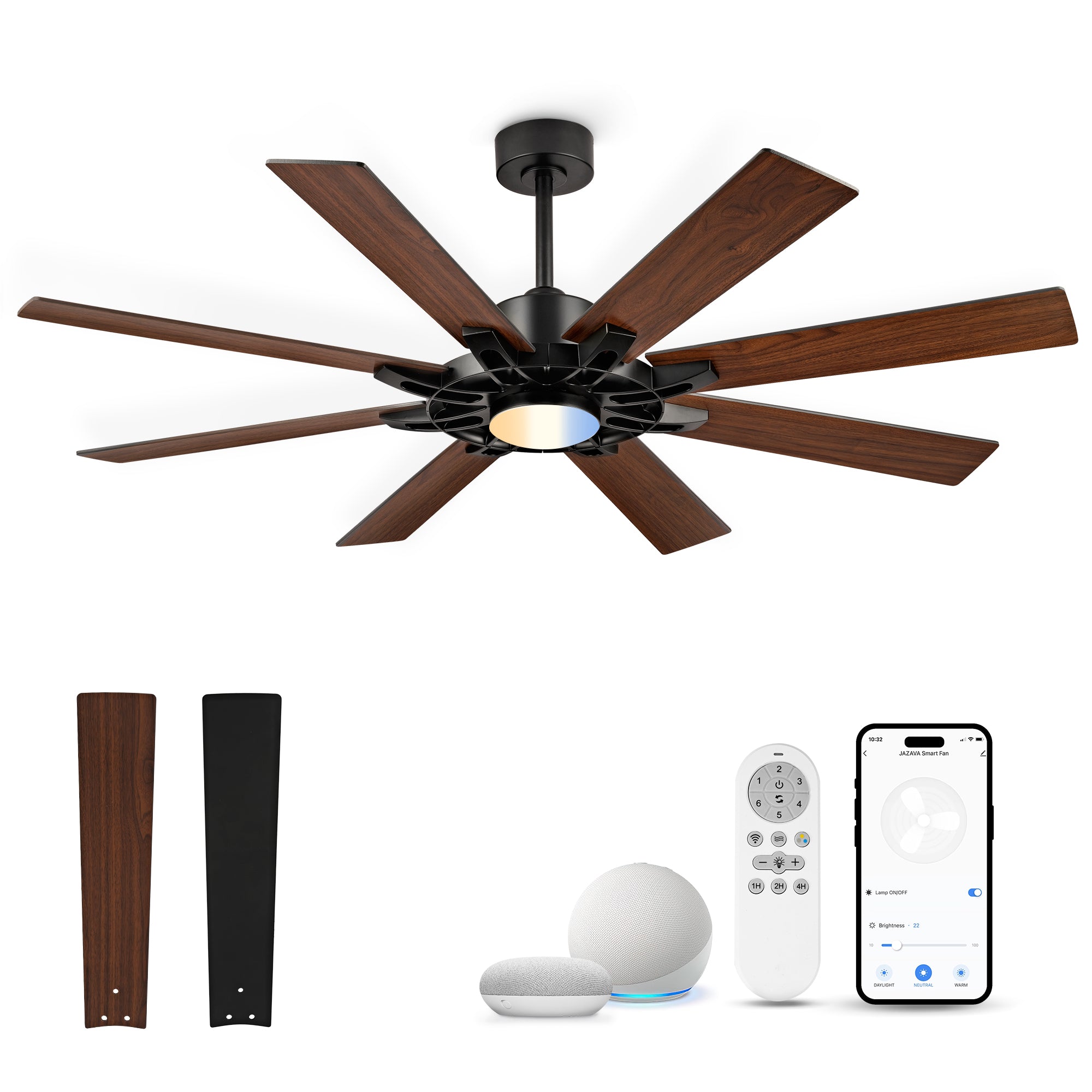 60" Smart Ceiling Fan with Light, Patented Hub Design, Plywood Blade, Alexa App Control, Black & Walnut