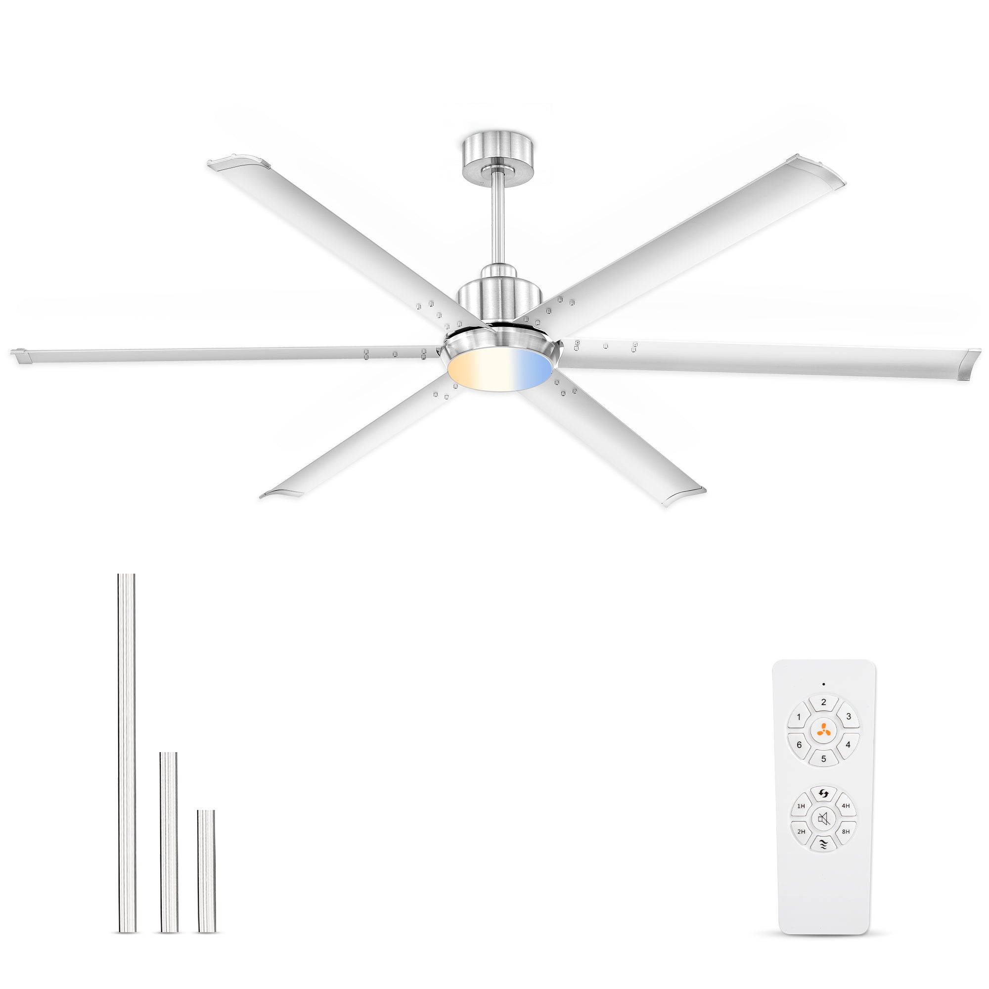 72" Industrial Ceiling Fan with Light, Aluminium Blades, Brushed Nickel