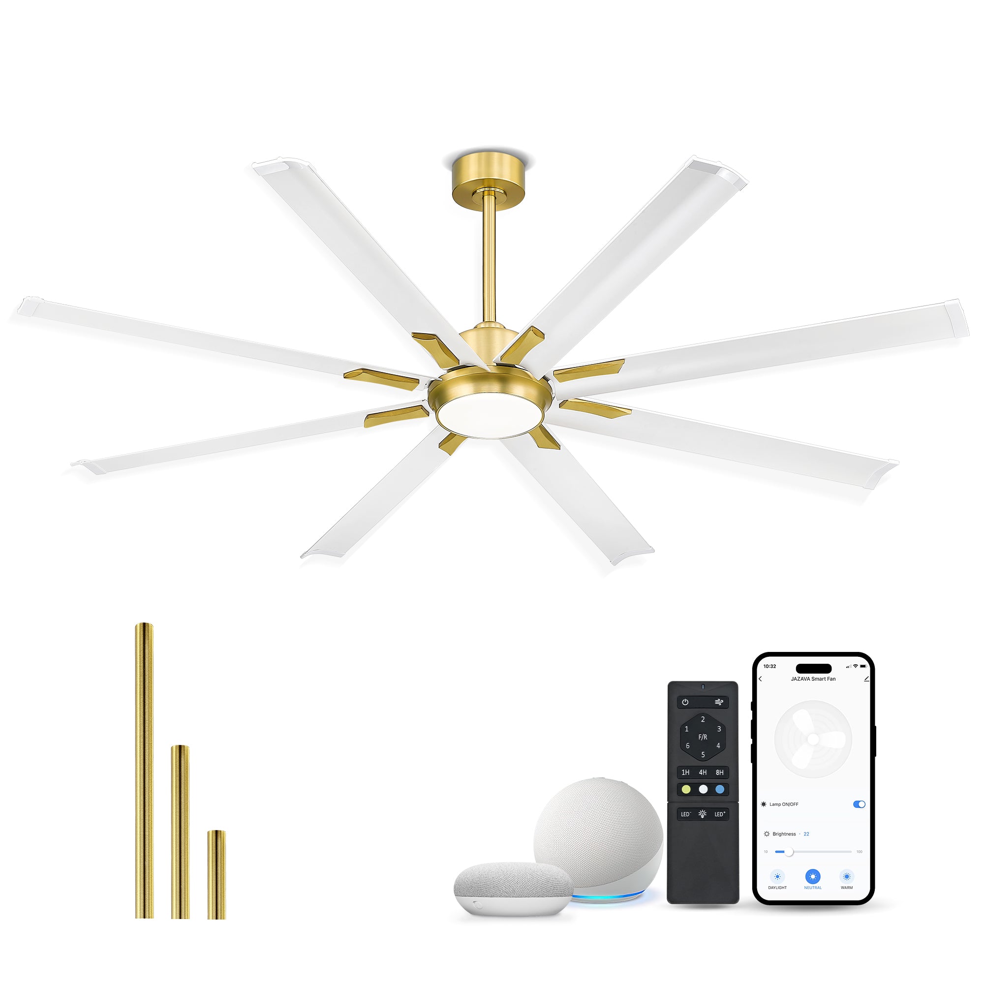 72" Smart Ceiling Fan with Light,Aluminium Blades,Works with Alexa,White & Gold