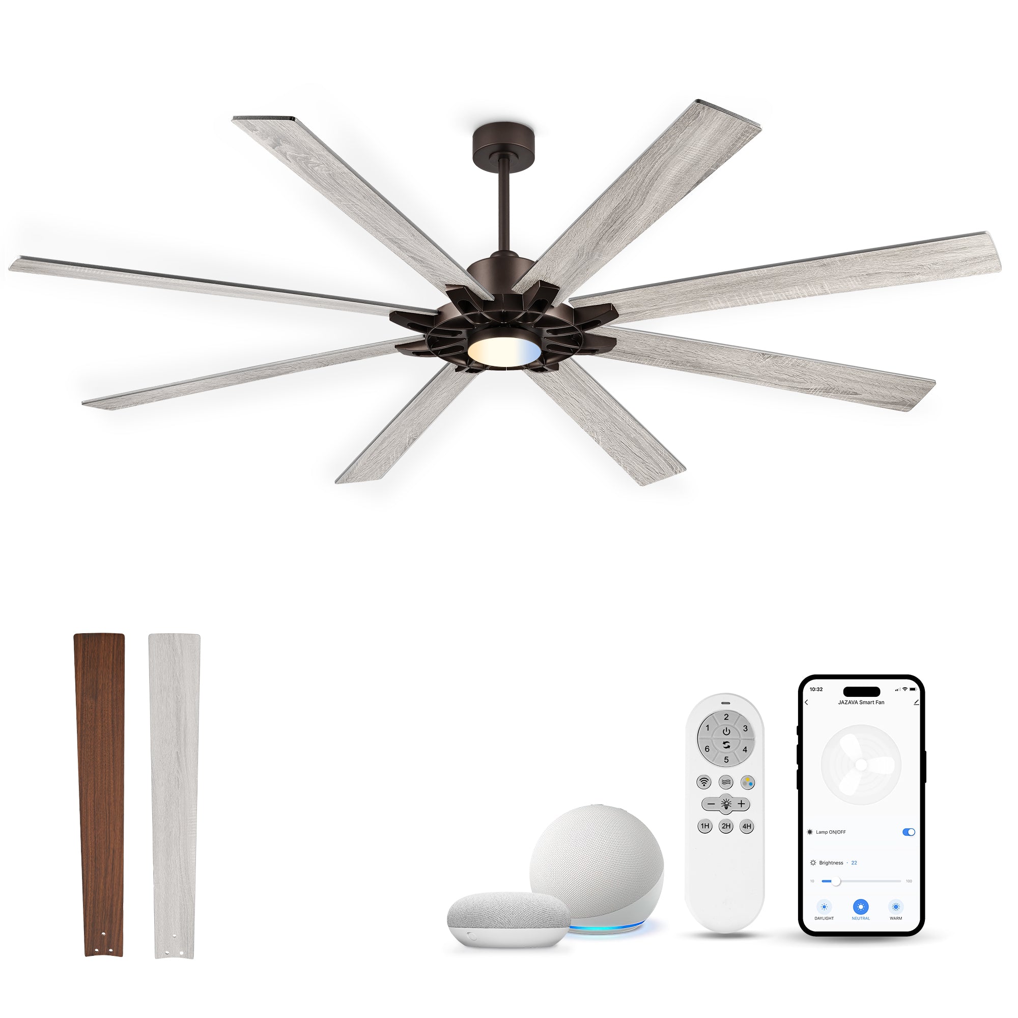 84" Smart Ceiling Fan with Light, Patented Hub Design, Plywood Blade, Alexa App Control, Bronze & Wood