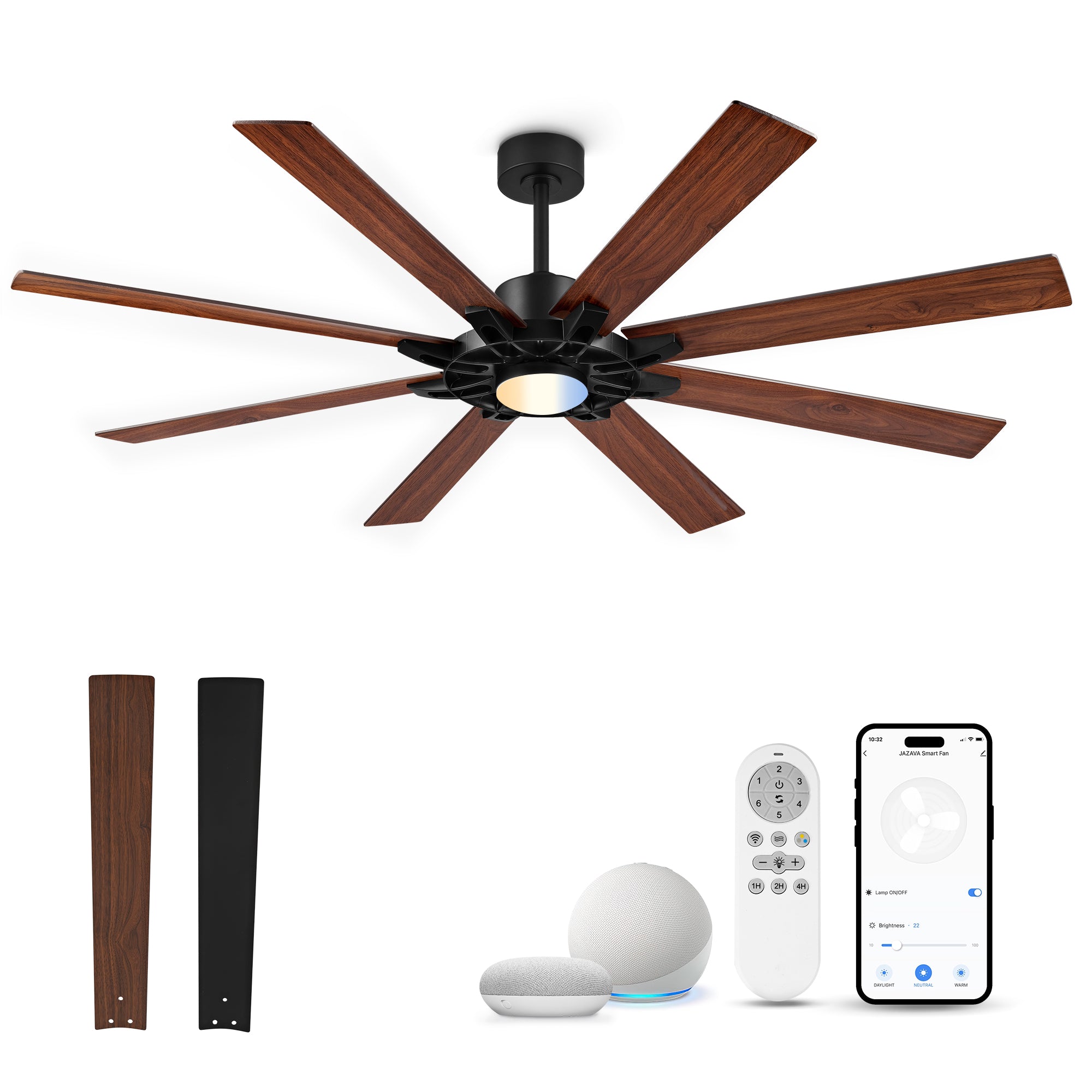 72" Smart Ceiling Fan with Light, Patented Hub Design, Plywood Blade, Alexa App Control, Black & Walnut