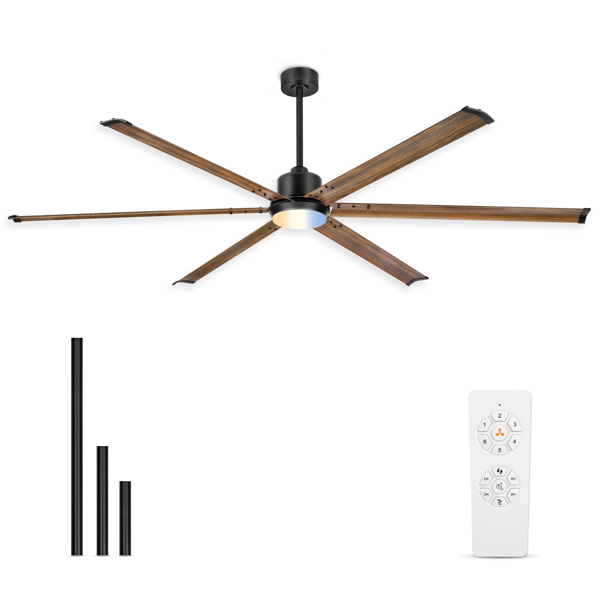 84" Industrial Ceiling Fan with Light, Aluminium Blades, Black & Wood Grain