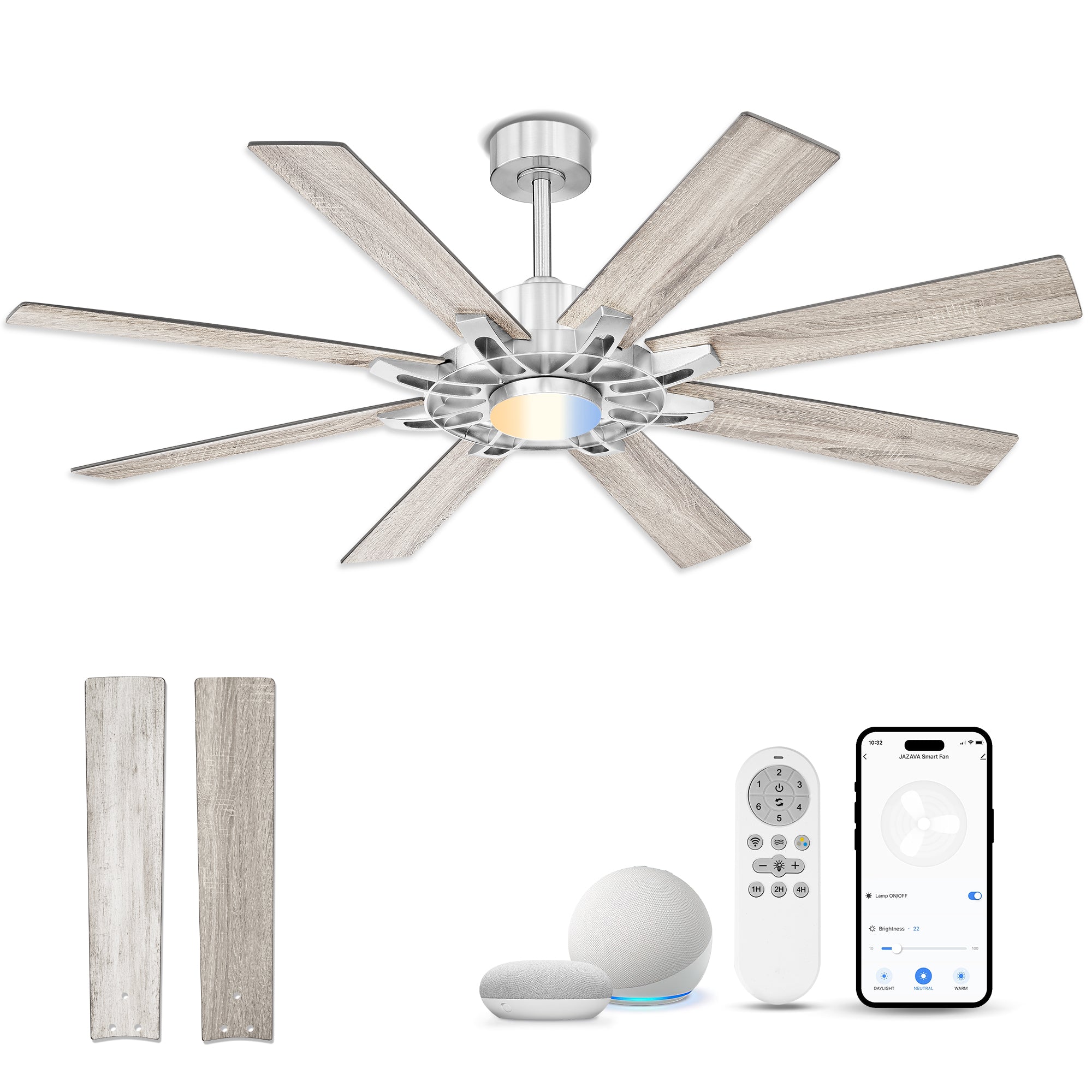 60" Smart Ceiling Fan with Light, Patented Hub Design, Plywood Blade, Alexa App Control, Brushed Nickel & Wood