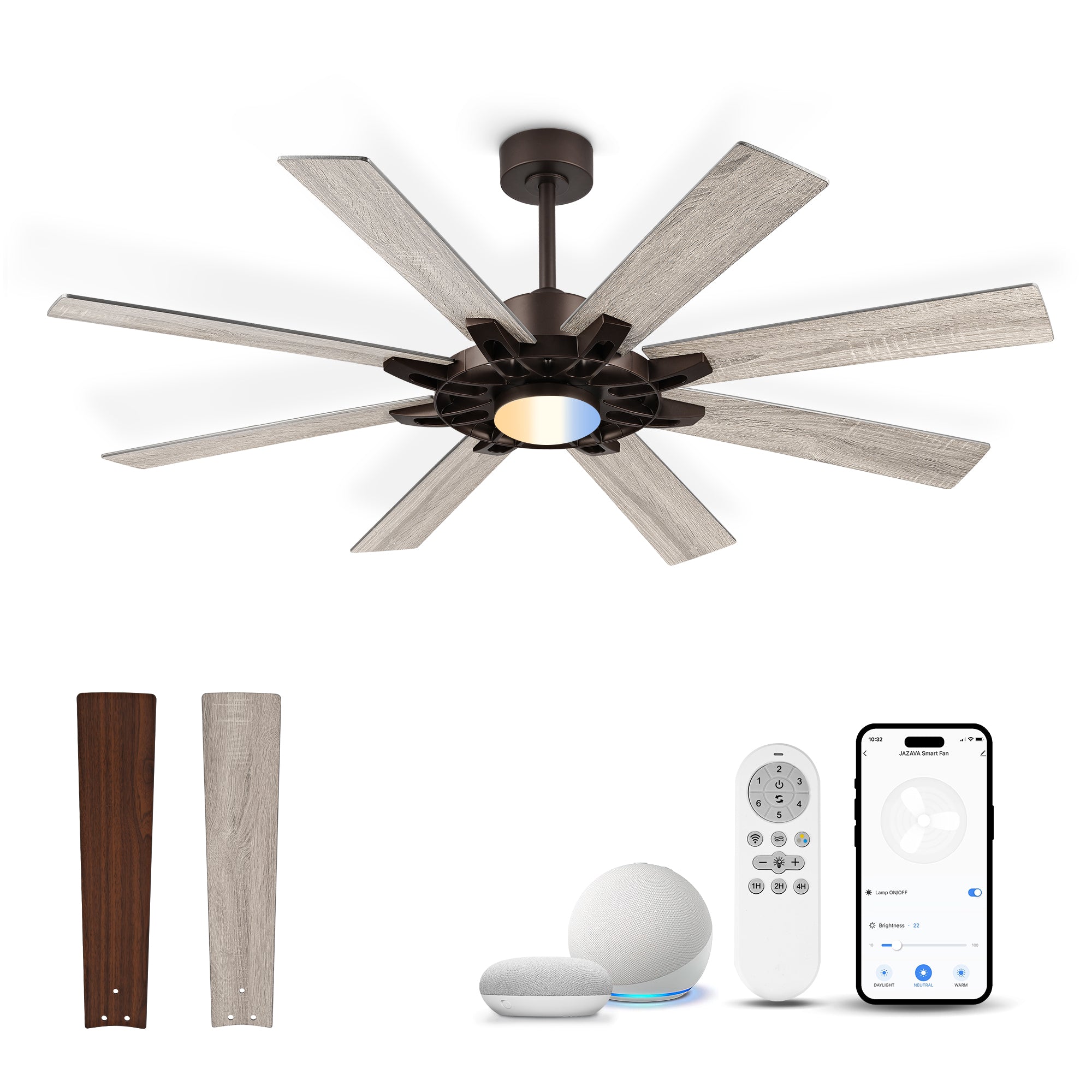 60" Smart Ceiling Fan with Light, Patented Hub Design, Plywood Blade, Alexa App Control, Bronze & Wood