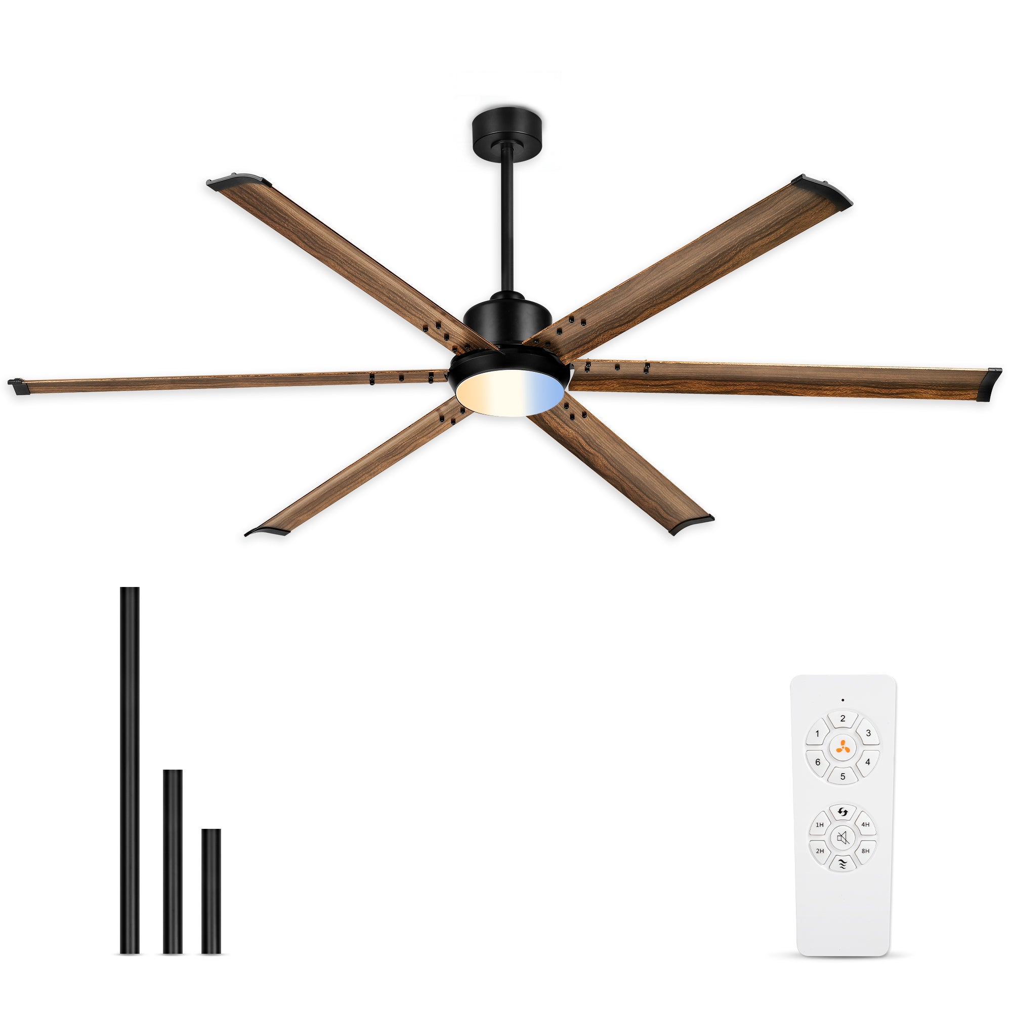 72" Industrial Ceiling Fan with Light, Aluminium Blades, Black & Wood Grain