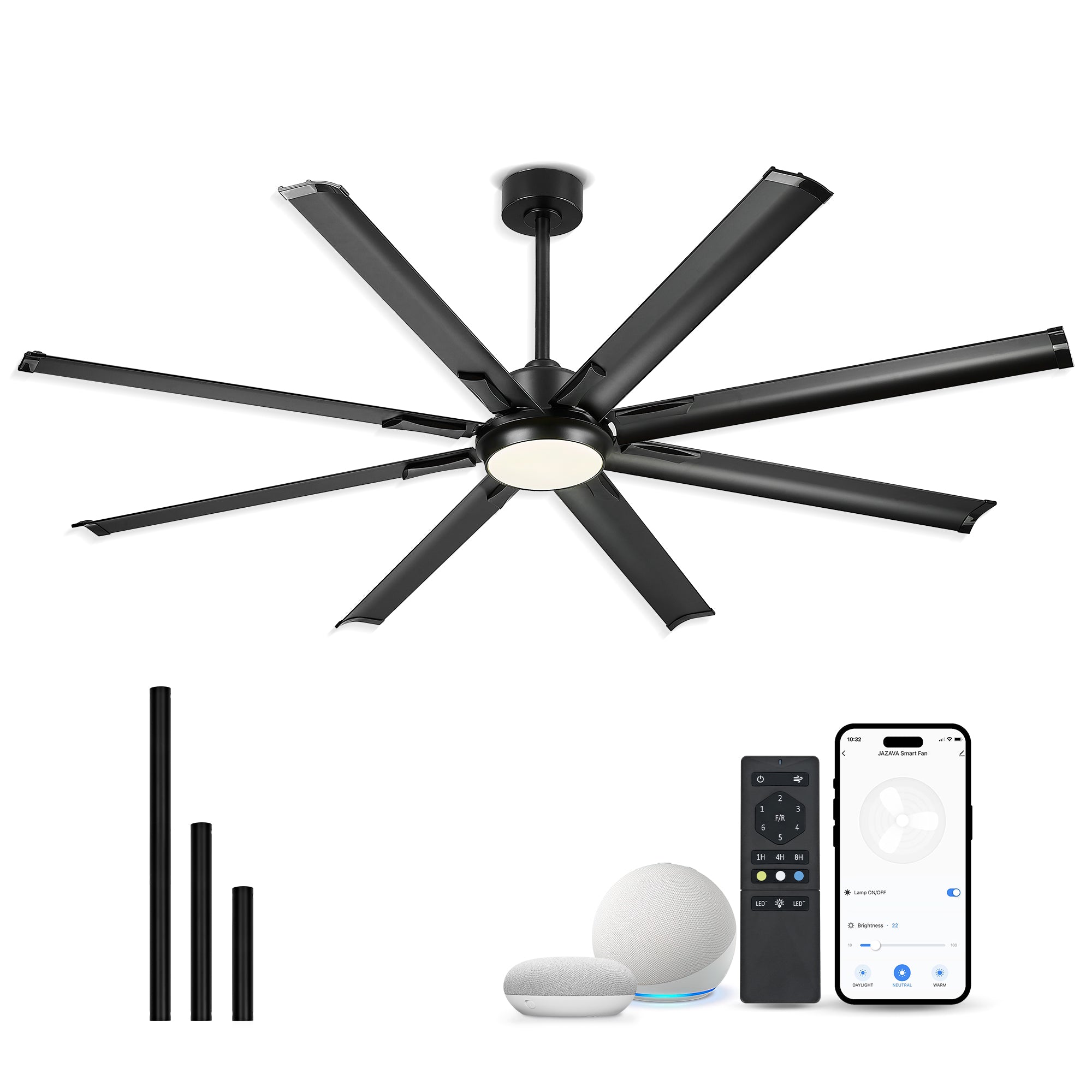 72" Smart Ceiling Fan with Light,Aluminium Blades,Works with Alexa,Matte Black