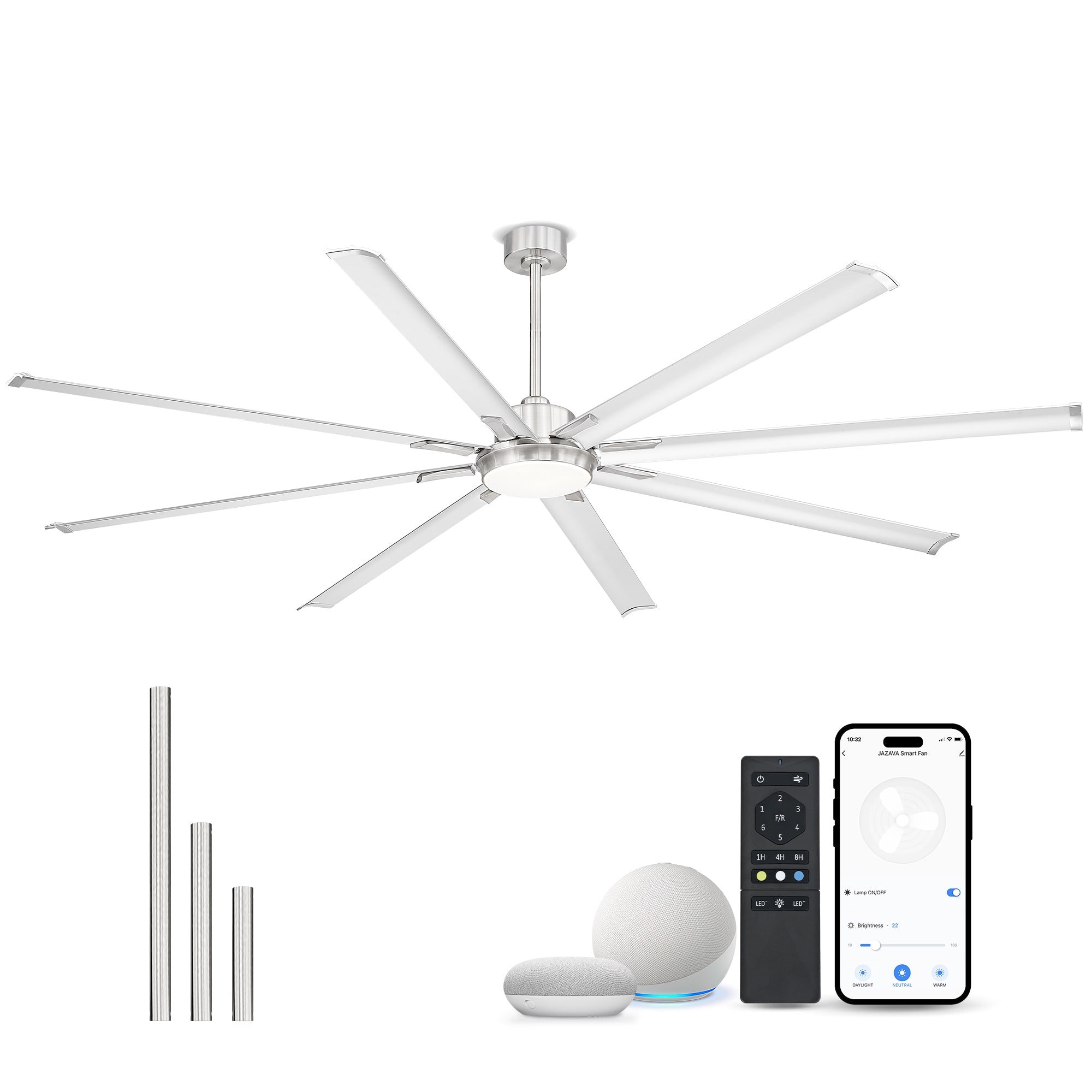 96" Smart Ceiling Fan with Light,Aluminium Blades,Works with Alexa,Brushed Nickel