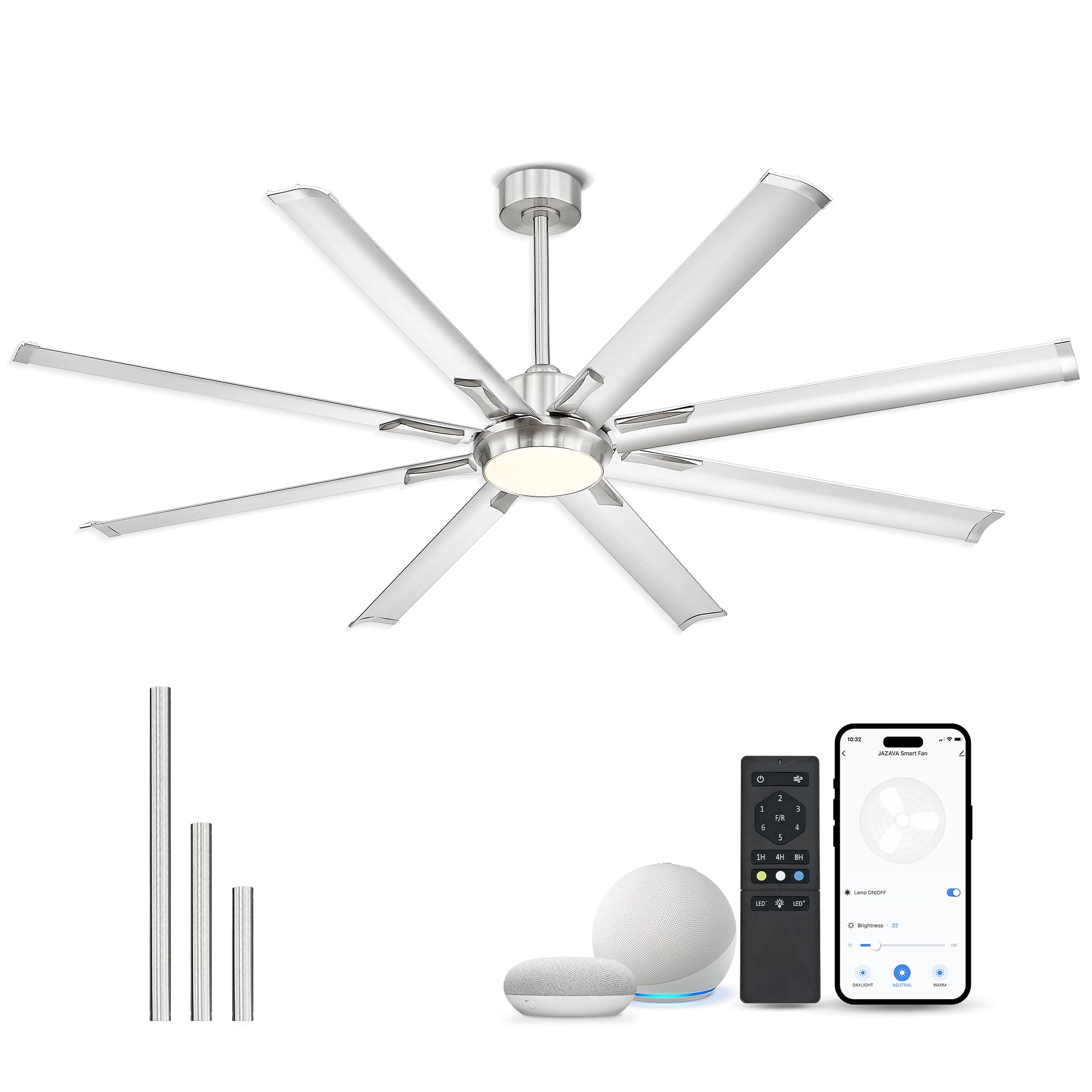 72" Smart Ceiling Fan with Light,Aluminium Blades,Works with Alexa,Brushed Nickel