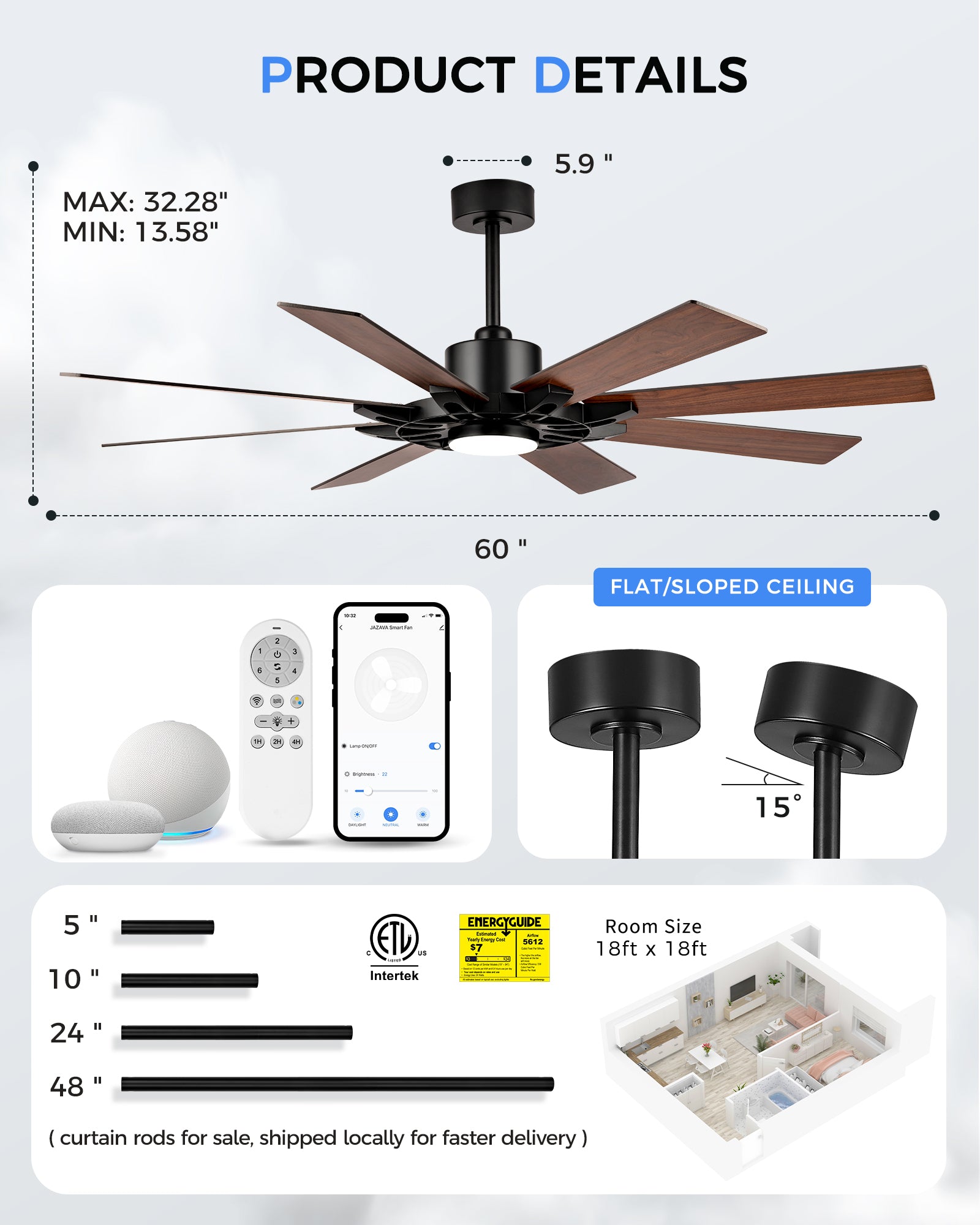 60" Smart Ceiling Fan with Light, Patented Hub Design, Plywood Blade, Alexa App Control, Black & Walnut