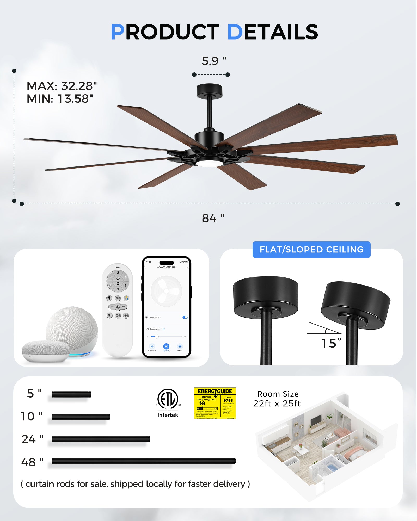 84" Smart Ceiling Fan with Light, Patented Hub Design, Plywood Blade, Alexa App Control, Black & Walnut