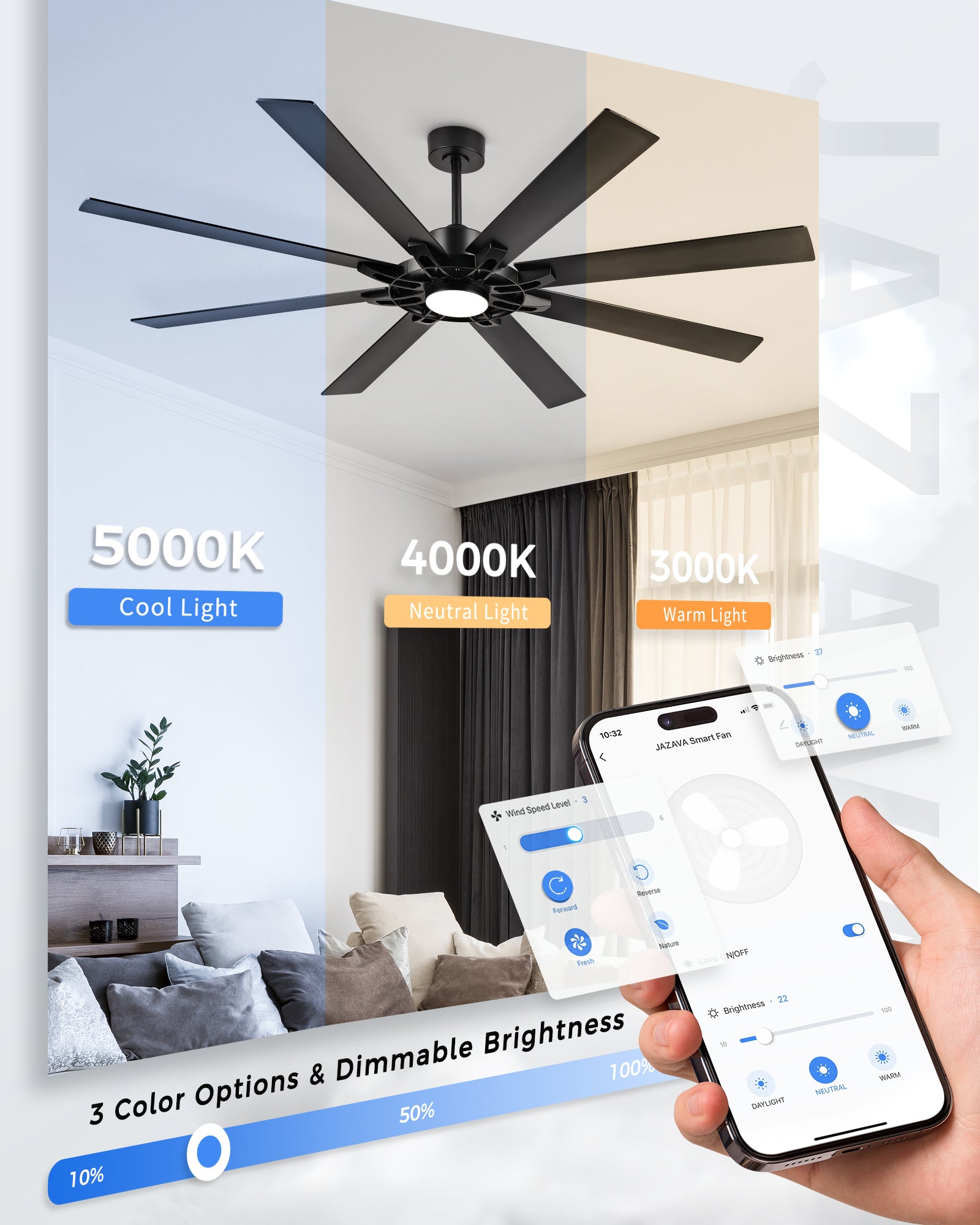 72" Smart Ceiling Fan with Light, Patented Hub Design, Plywood Blade, Alexa App Control, Black & Walnut