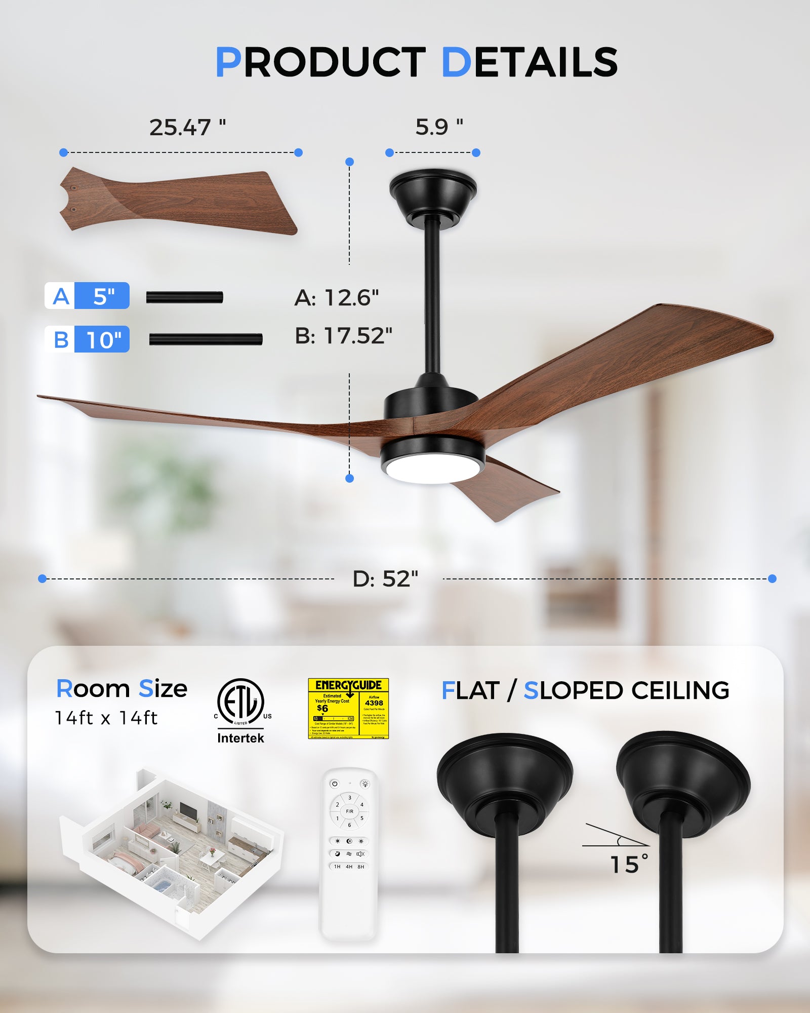 52" Coastal Ceiling Fan with Light, Corrosion-Resistant, Quiet DC Motor, 3CCT LED, Remote Control, Walnut