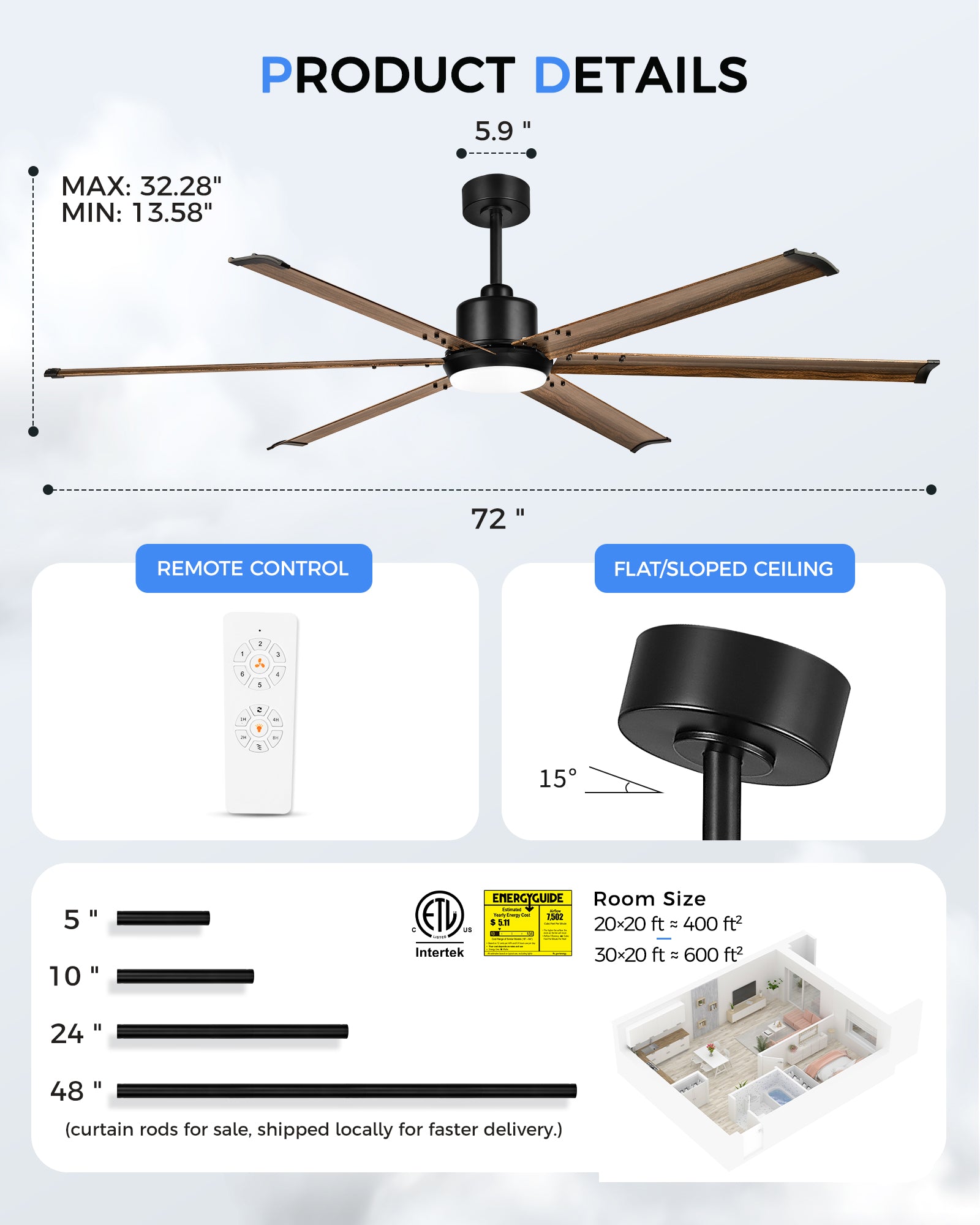 72" Industrial Ceiling Fan with Light, Aluminium Blades, Black & Wood Grain