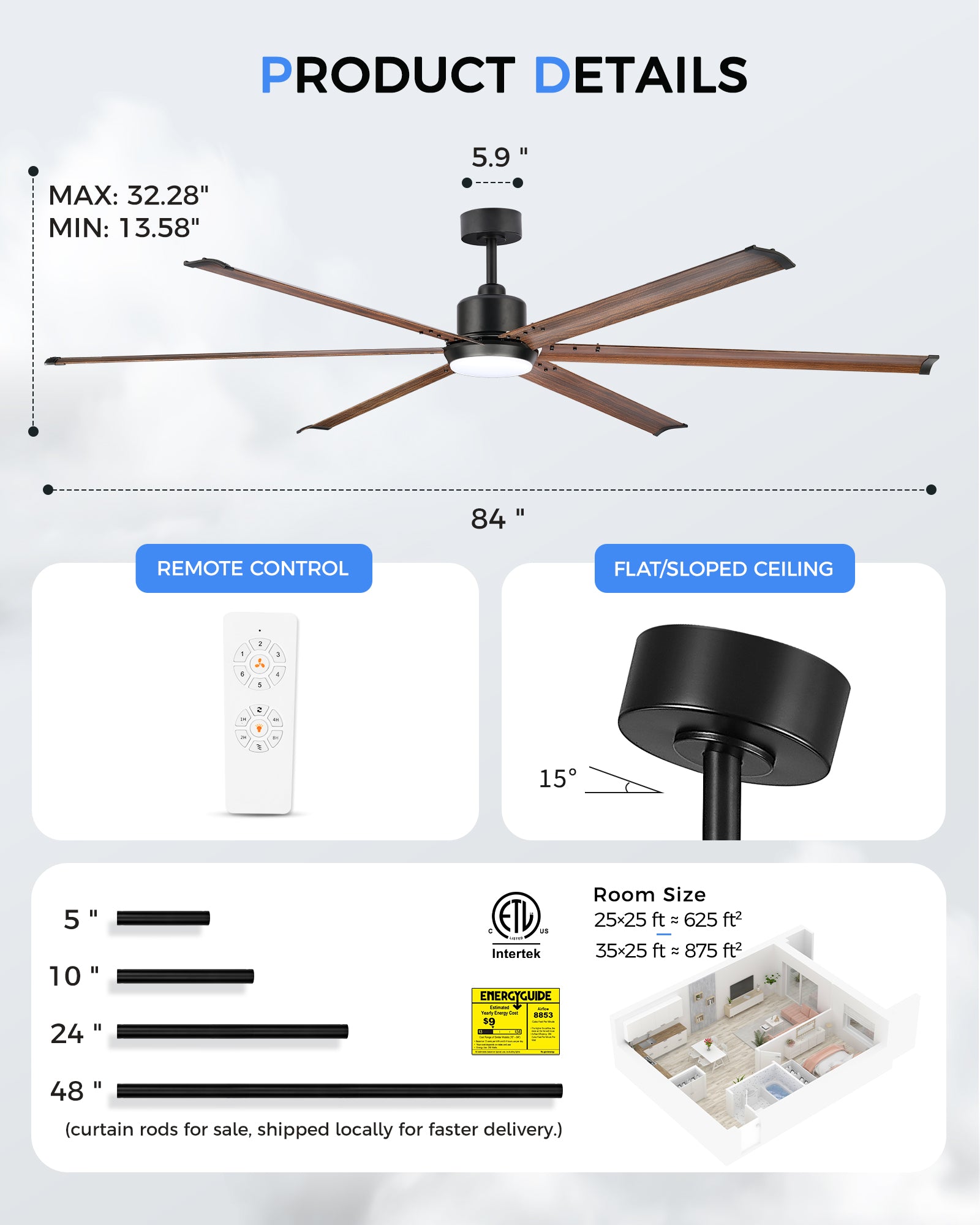 84" Industrial Ceiling Fan with Light, Aluminium Blades, Black & Wood Grain