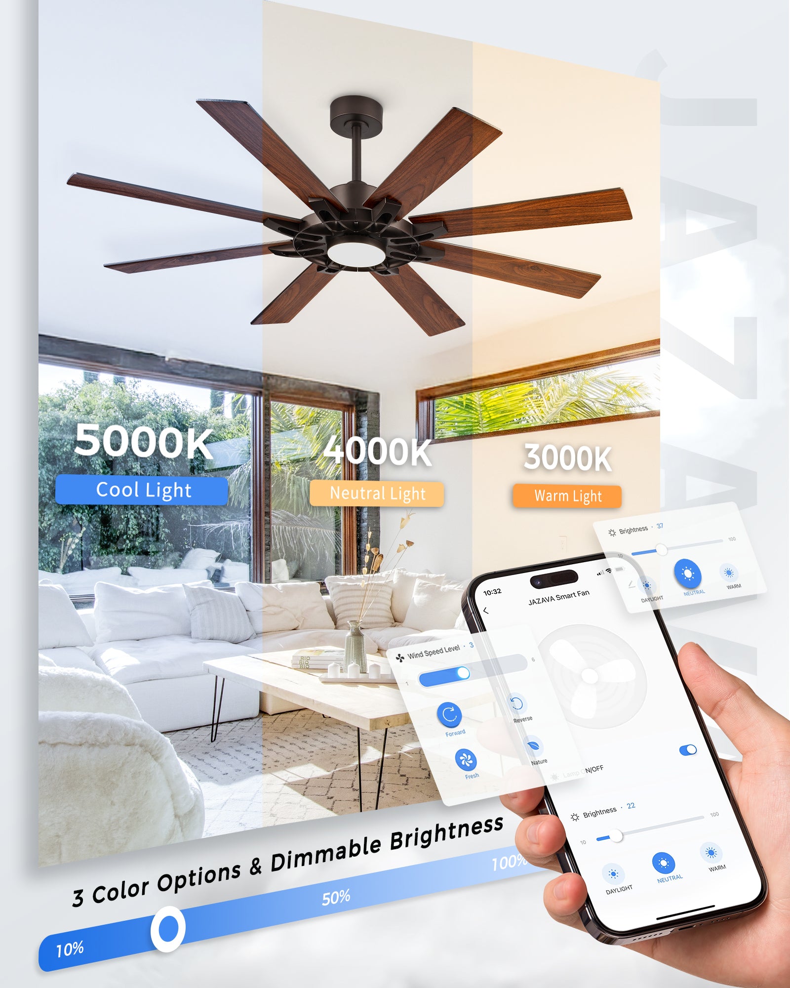 60" Smart Ceiling Fan with Light, Patented Hub Design, Plywood Blade, Alexa App Control, Bronze & Wood