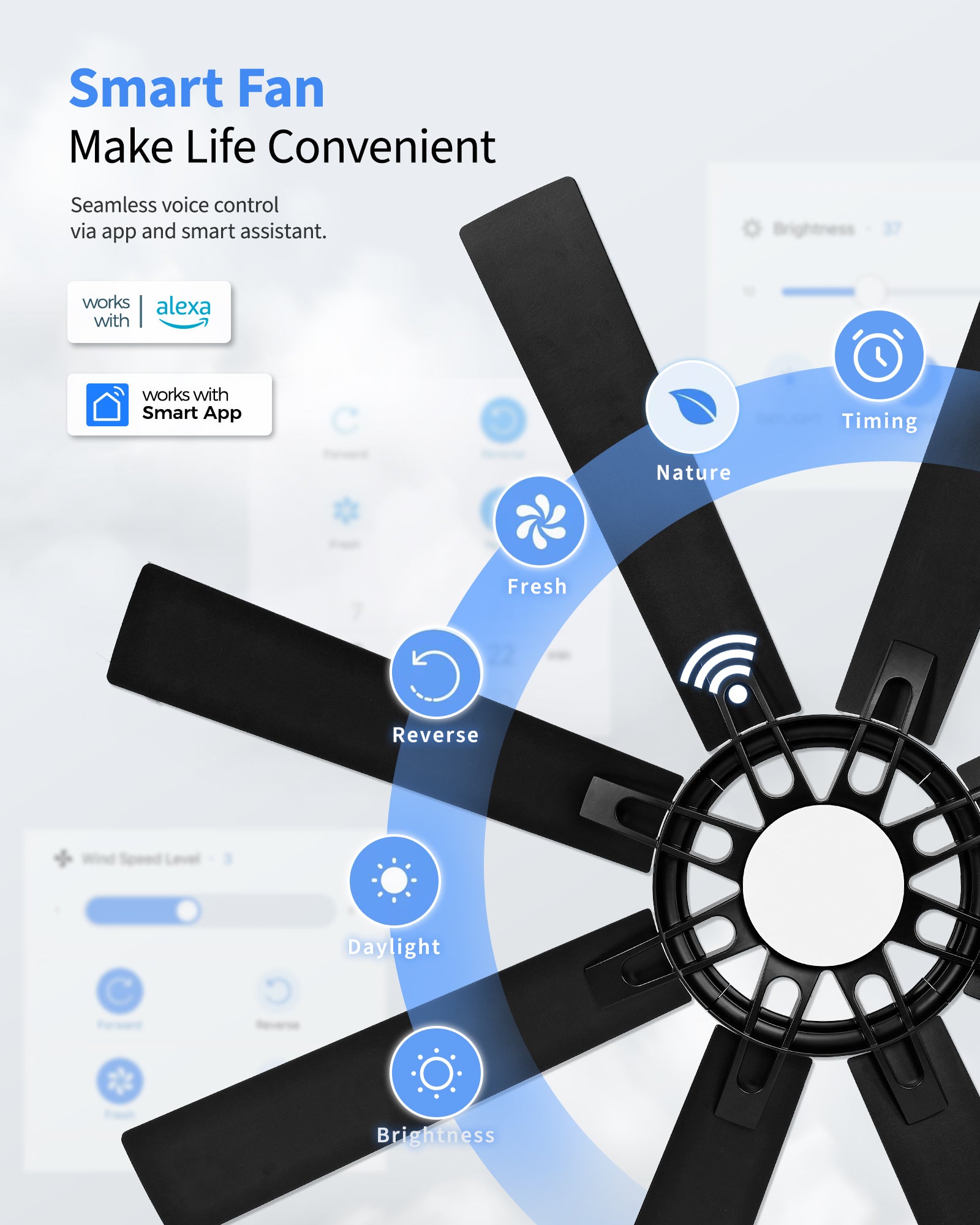 60" Smart Ceiling Fan with Light, Patented Hub Design, Plywood Blade, Alexa App Control, Black & Walnut