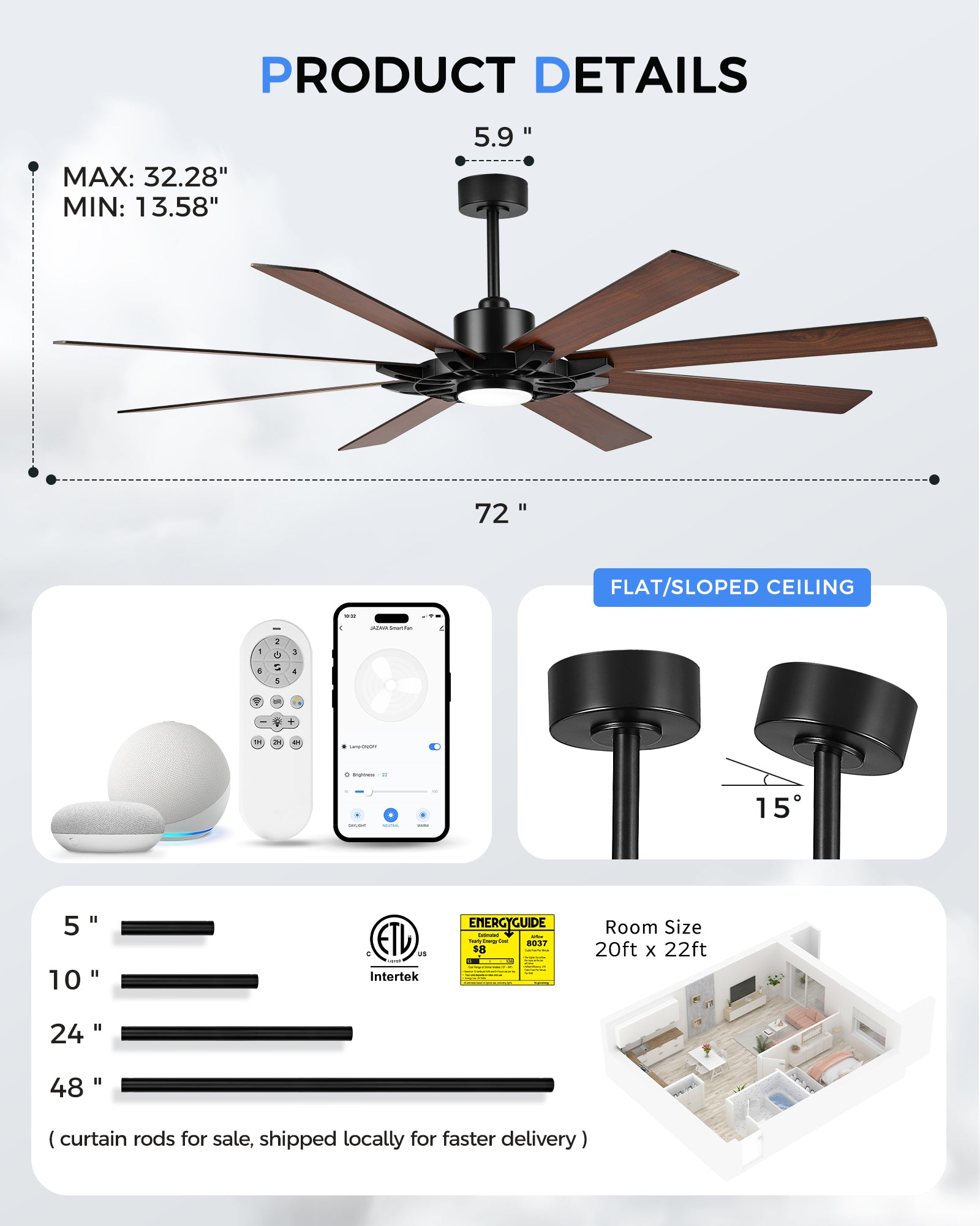 72" Smart Ceiling Fan with Light, Patented Hub Design, Plywood Blade, Alexa App Control, Black & Walnut