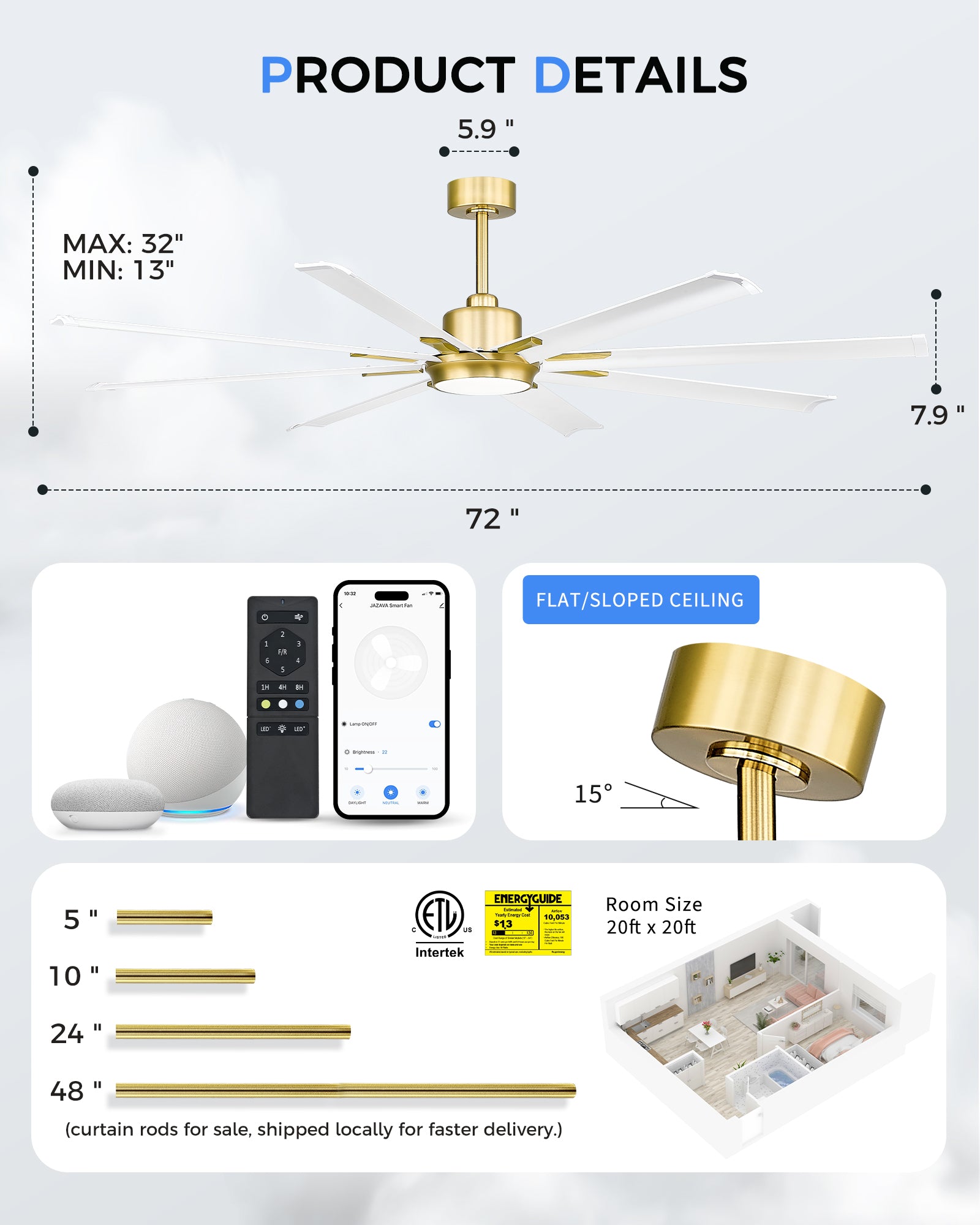 72" Smart Ceiling Fan with Light,Aluminium Blades,Works with Alexa,White & Gold