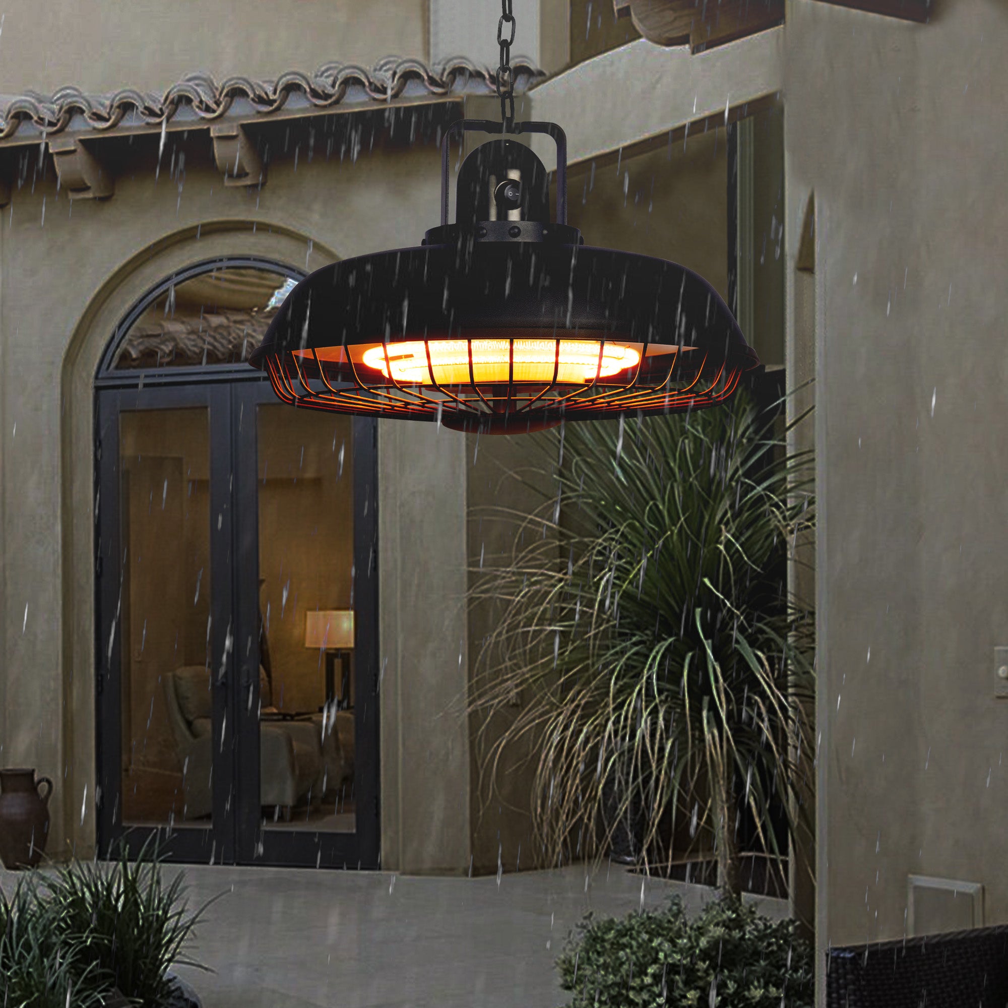Electric Patio Heater - USAG00376 - 700/800/1500W Outdoor Ceiling/Hanging Infrared Heater With Remote Control & Touch Switch in UFO Shape Sandy Black Finish, IP44 Waterproof