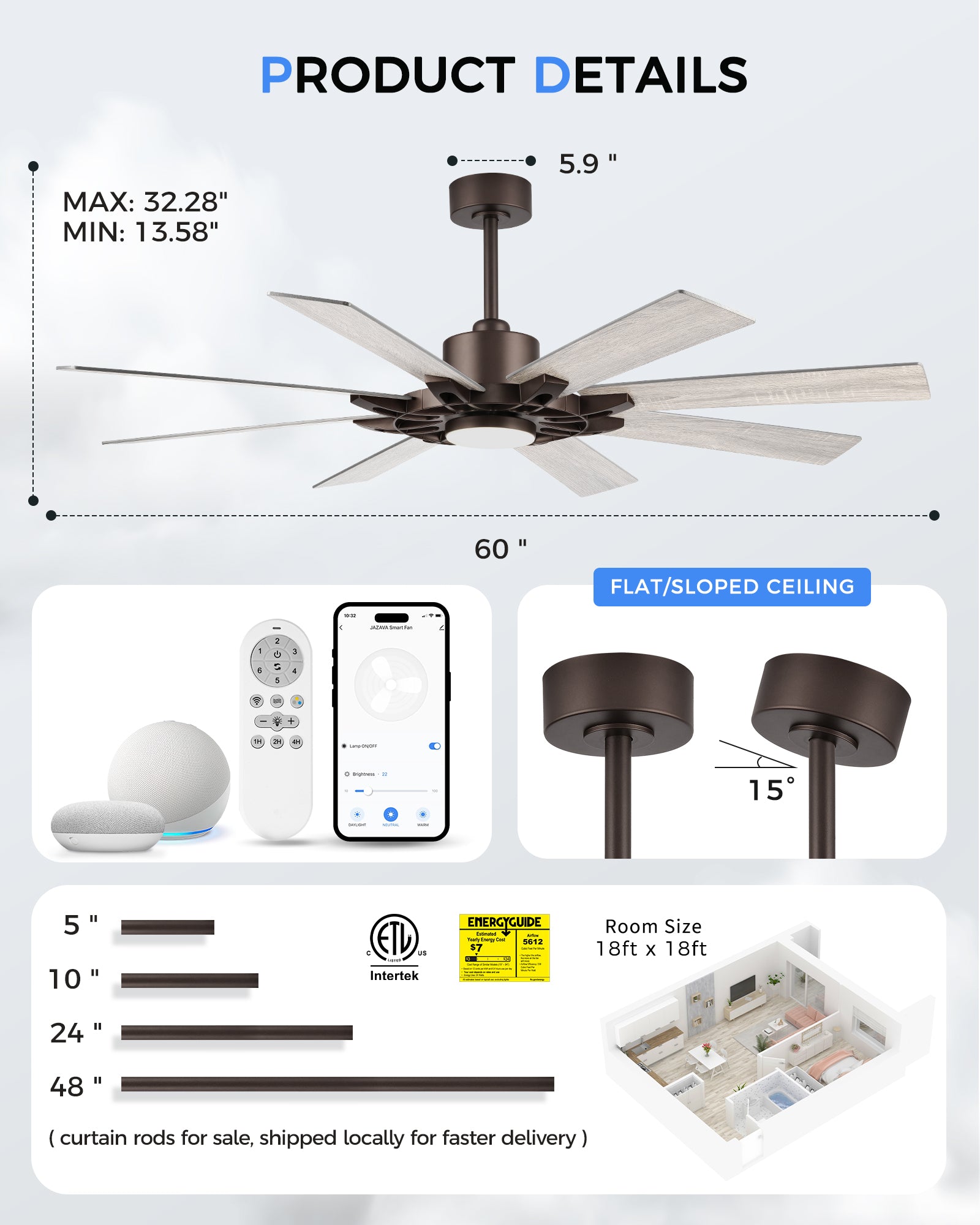 60" Smart Ceiling Fan with Light, Patented Hub Design, Plywood Blade, Alexa App Control, Bronze & Wood
