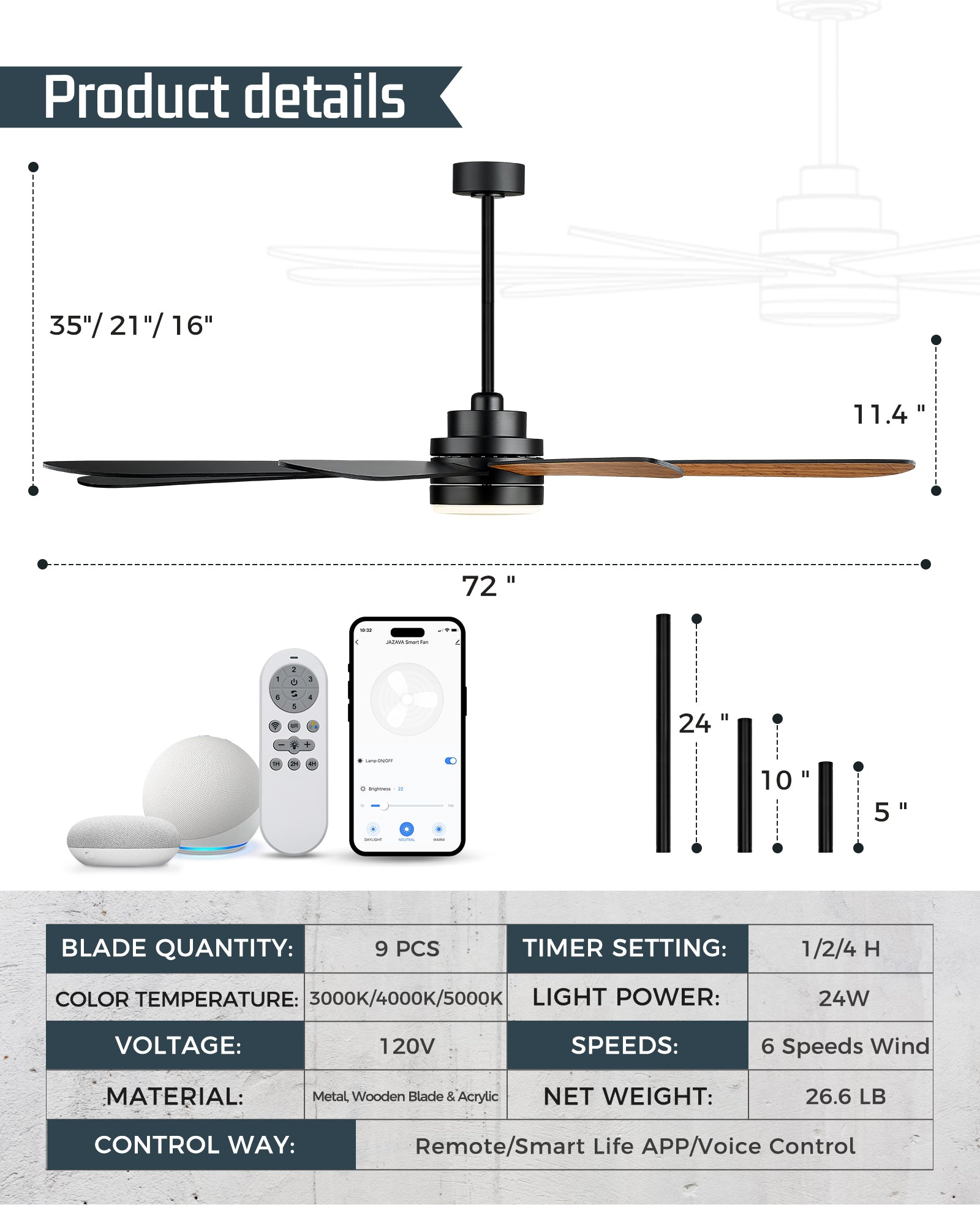 72" Smart Ceiling Fan with Light, Works with Alexa, Remote Control, Black