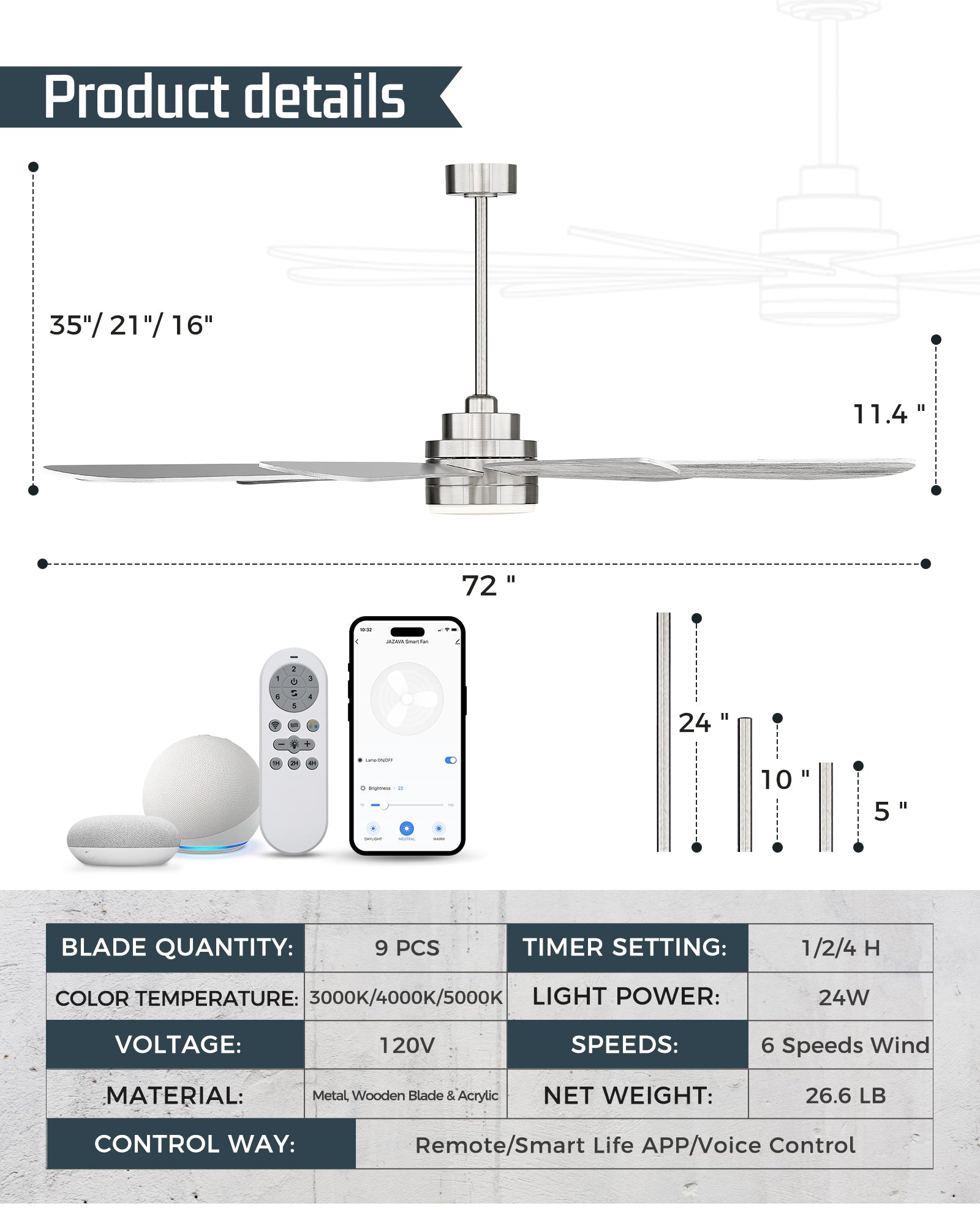 72" Smart Ceiling Fan with Light, Works with Alexa, Remote Control, Brushed Nickel