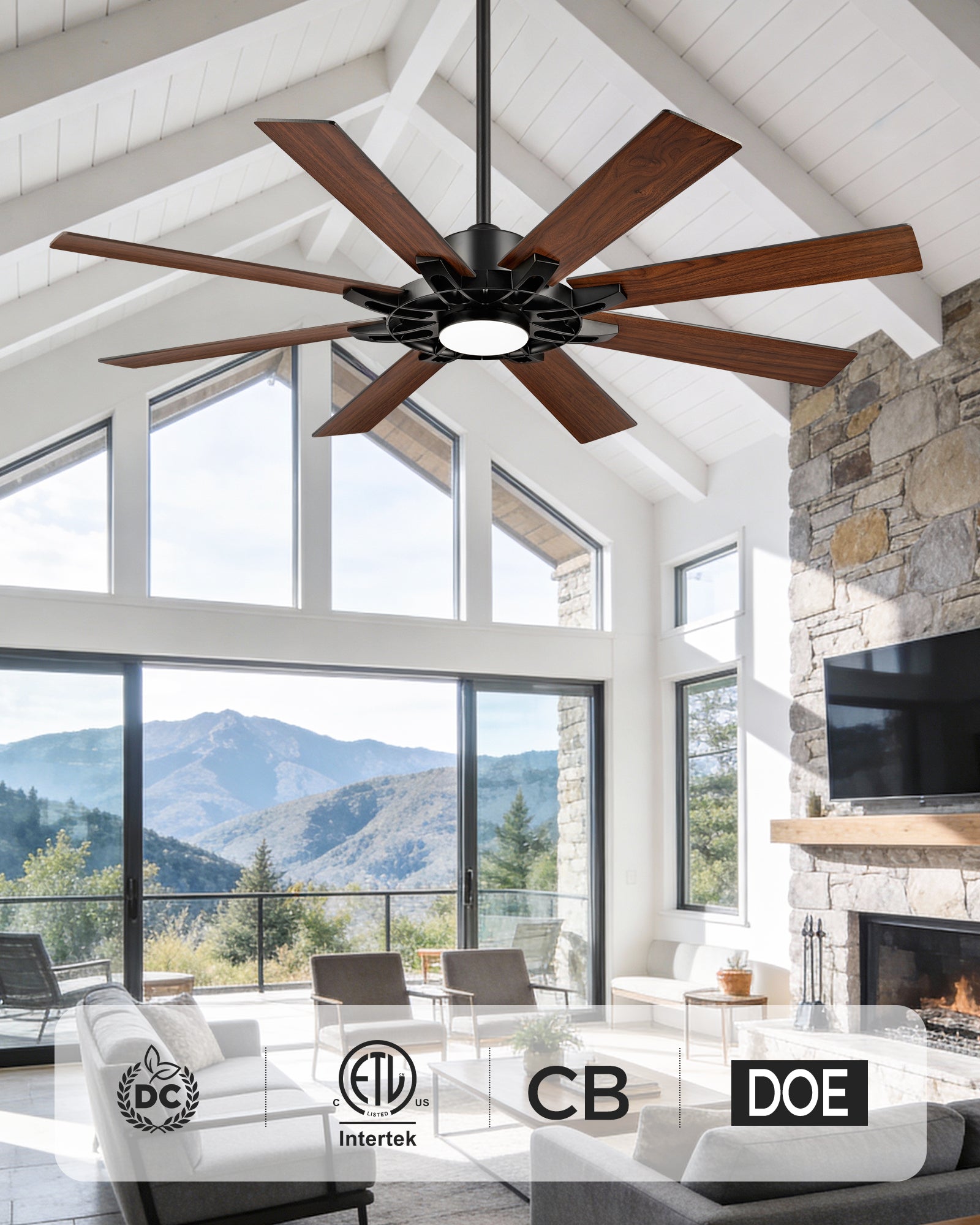 60" Smart Ceiling Fan with Light, Patented Hub Design, Plywood Blade, Alexa App Control, Black & Walnut