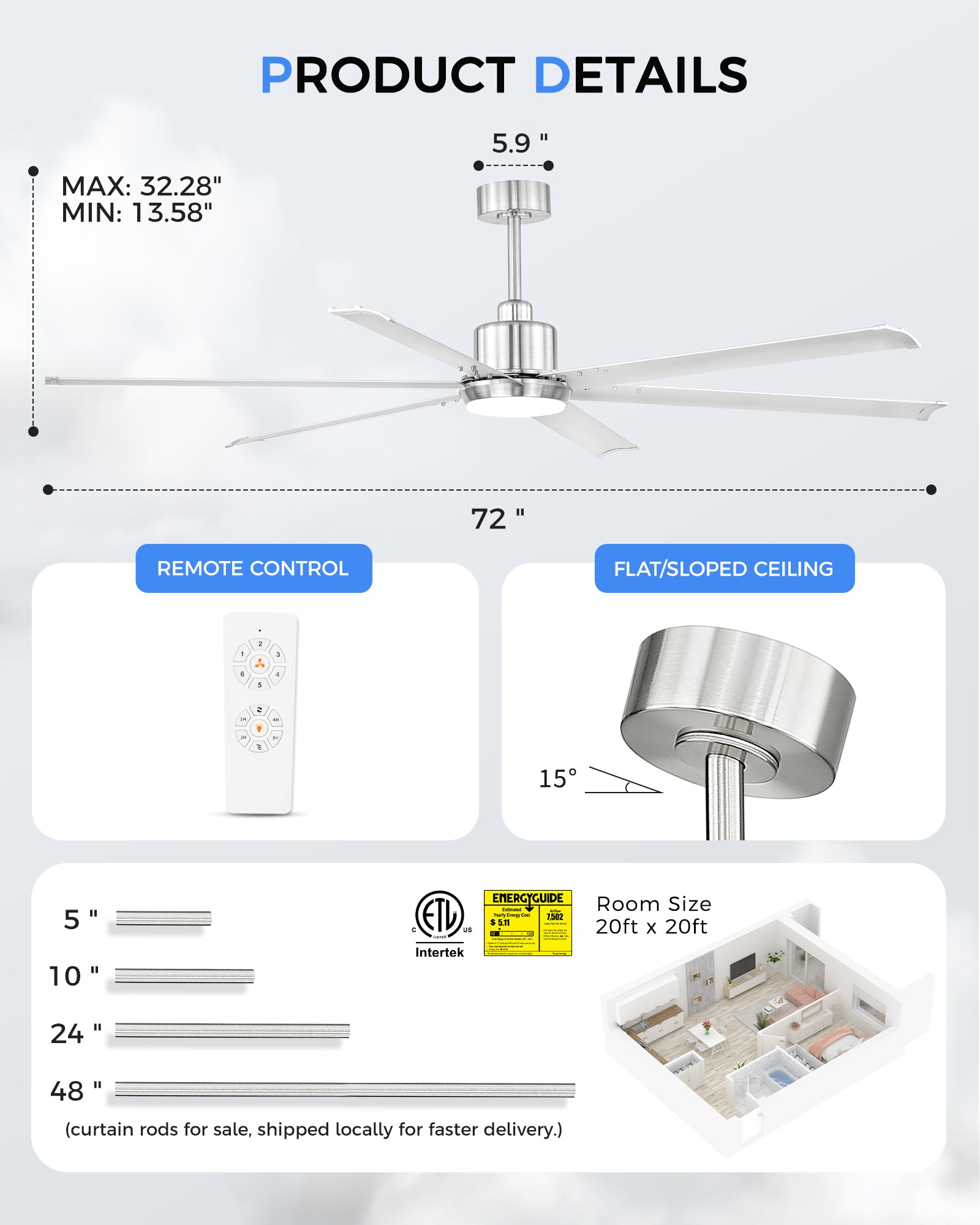 72" Industrial Ceiling Fan with Light, Aluminium Blades, Brushed Nickel