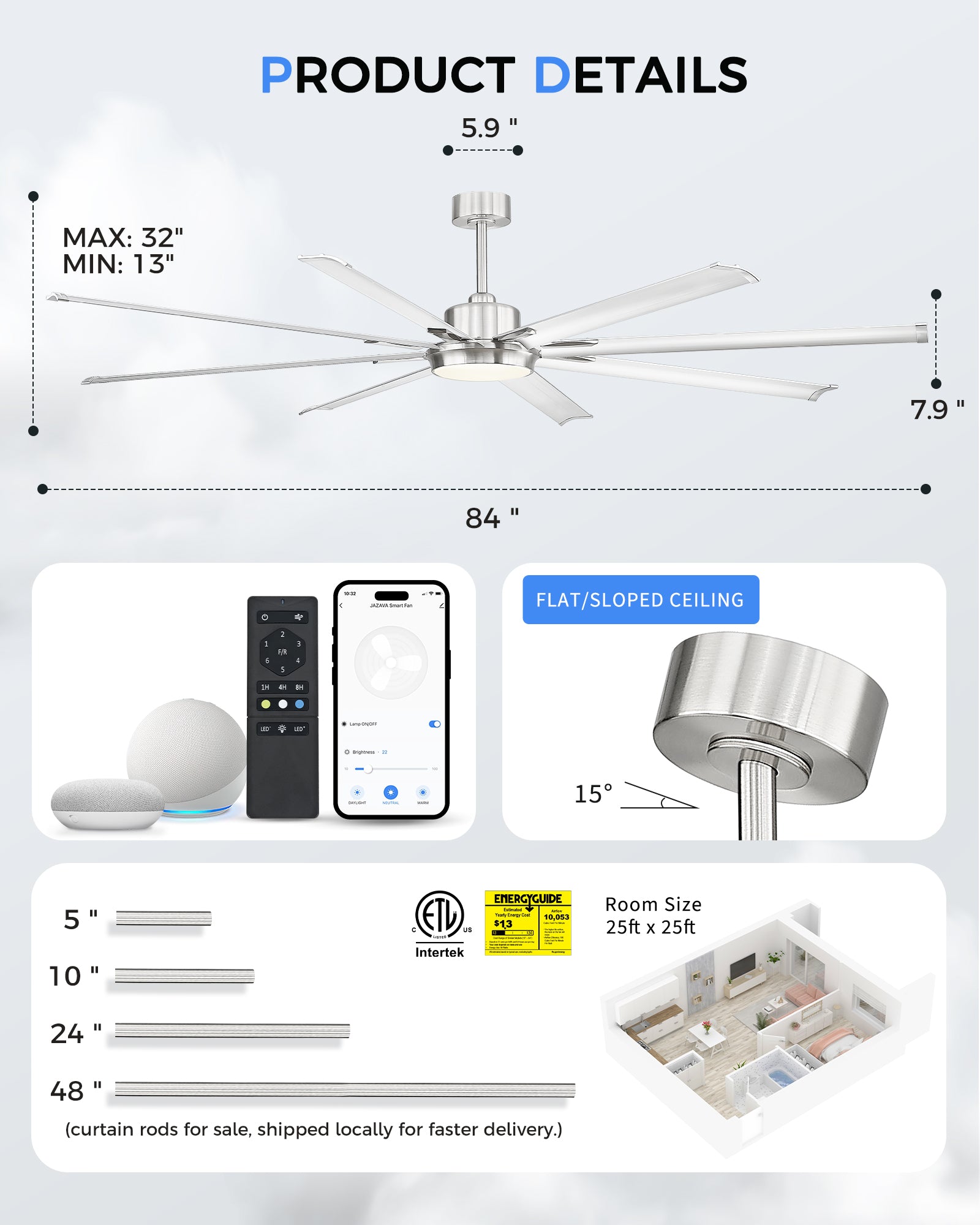 84" Smart Ceiling Fan with Light,Aluminium Blades,Works with Alexa,Brushed Nickel