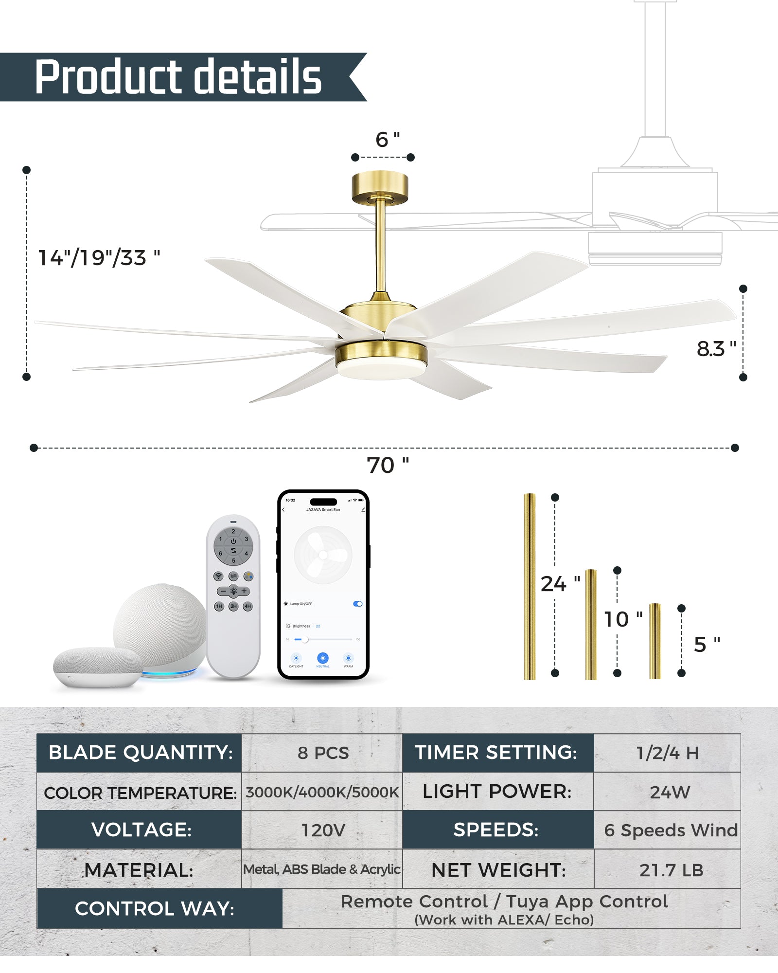 70" Smart Ceiling Fan with Light, Works with Alexa, Remote Control, White & Gold