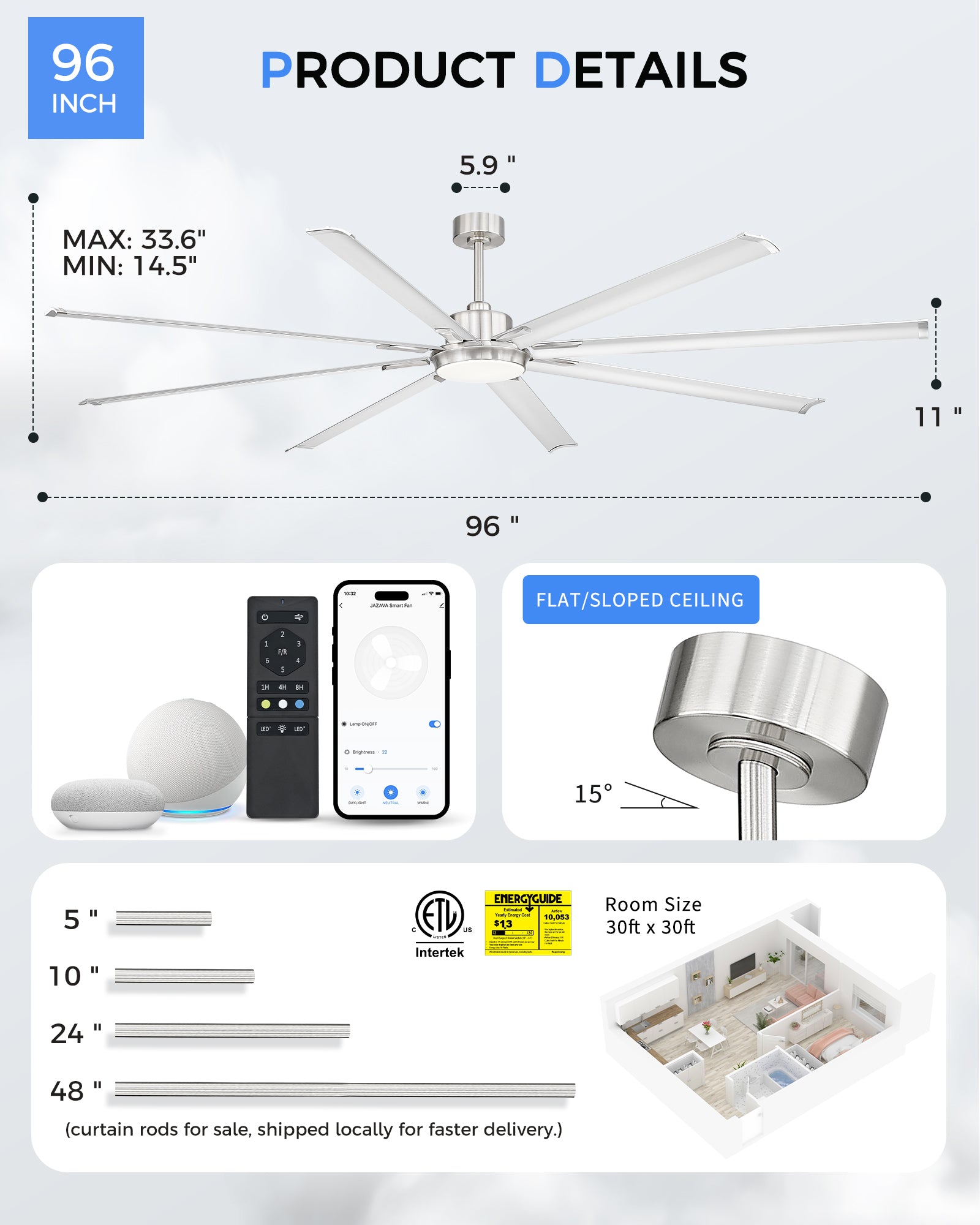 96" Smart Ceiling Fan with Light,Aluminium Blades,Works with Alexa,Brushed Nickel
