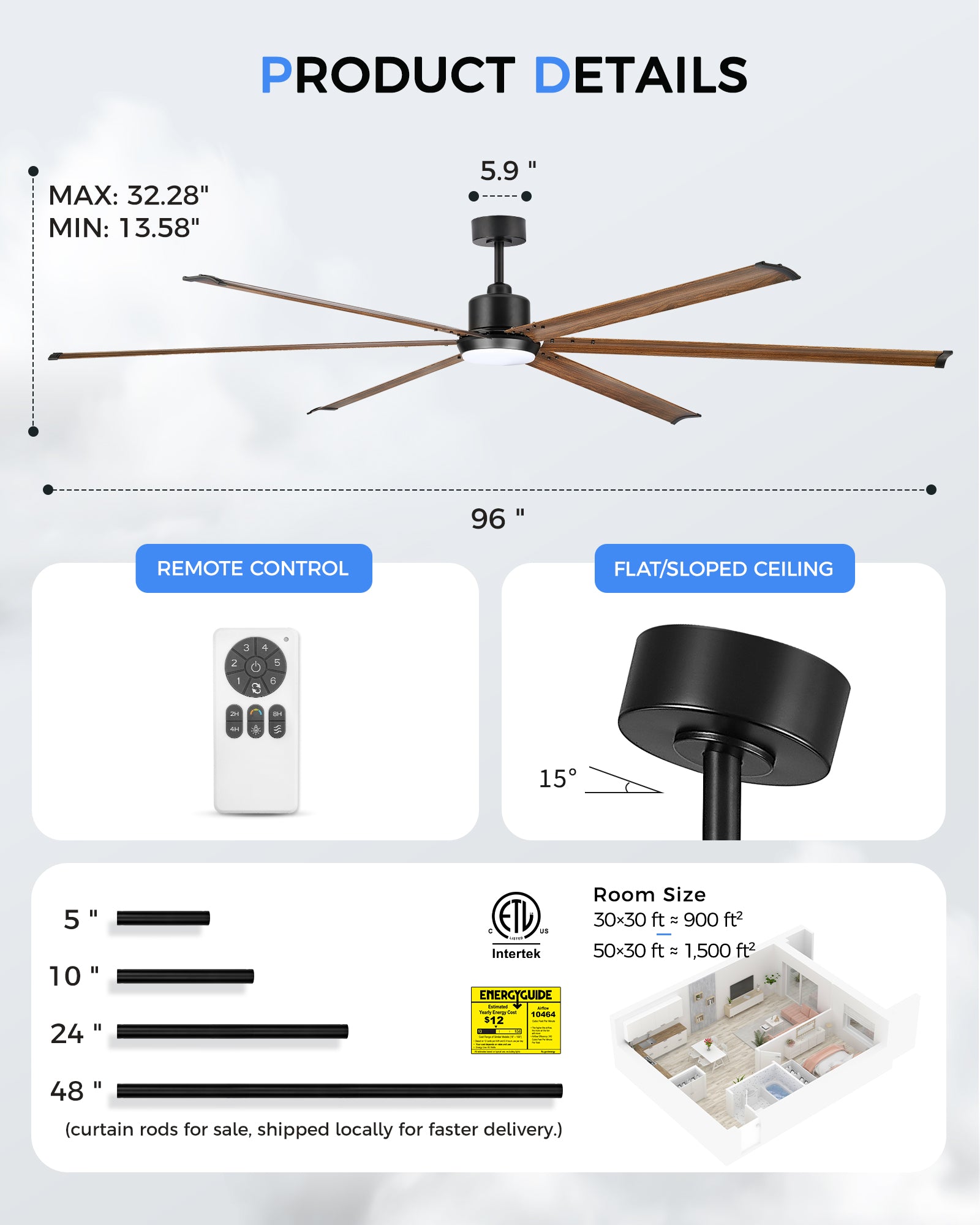 96" Industrial Ceiling Fan with Light, Aluminium Blades, Black & Wood Grain