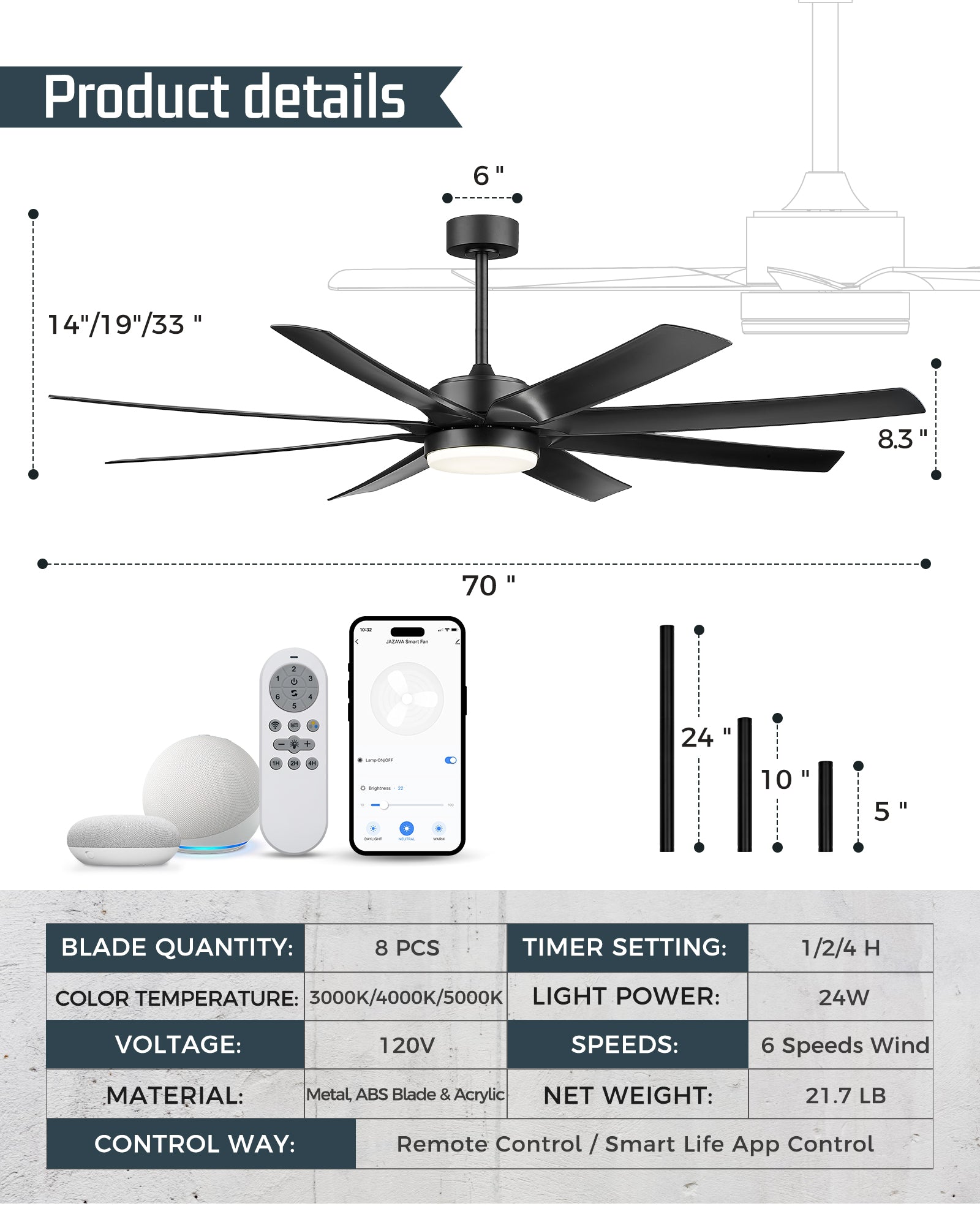 70" Smart Ceiling Fan with Light, Works with Alexa, Remote Control, Black