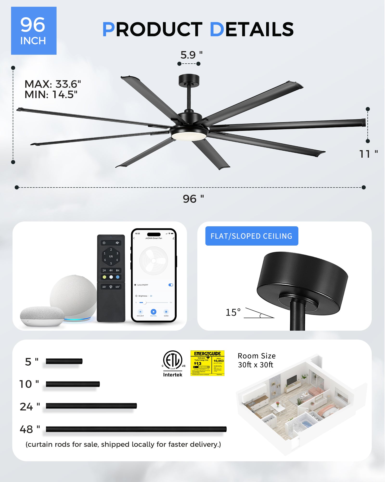 96" Smart Ceiling Fan with Light,Aluminium Blades,Works with Alexa,Matte Black