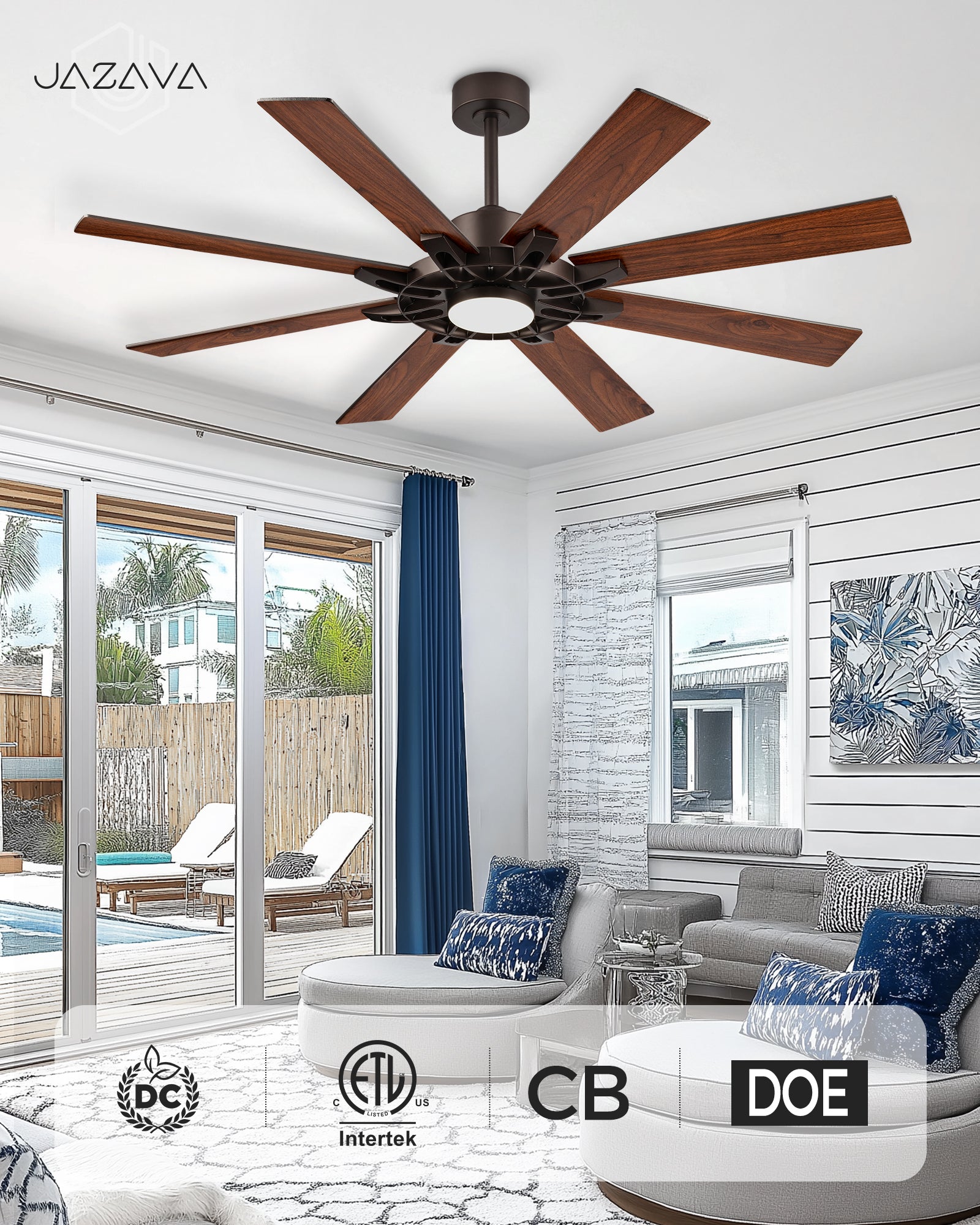 60" Smart Ceiling Fan with Light, Patented Hub Design, Plywood Blade, Alexa App Control, Bronze & Wood