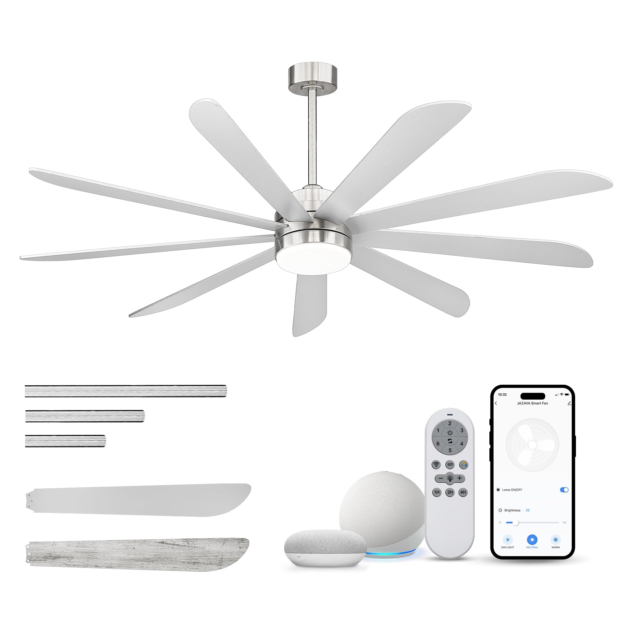 72" Smart Ceiling Fan with Light, Works with Alexa, Remote Control, Brushed Nickel