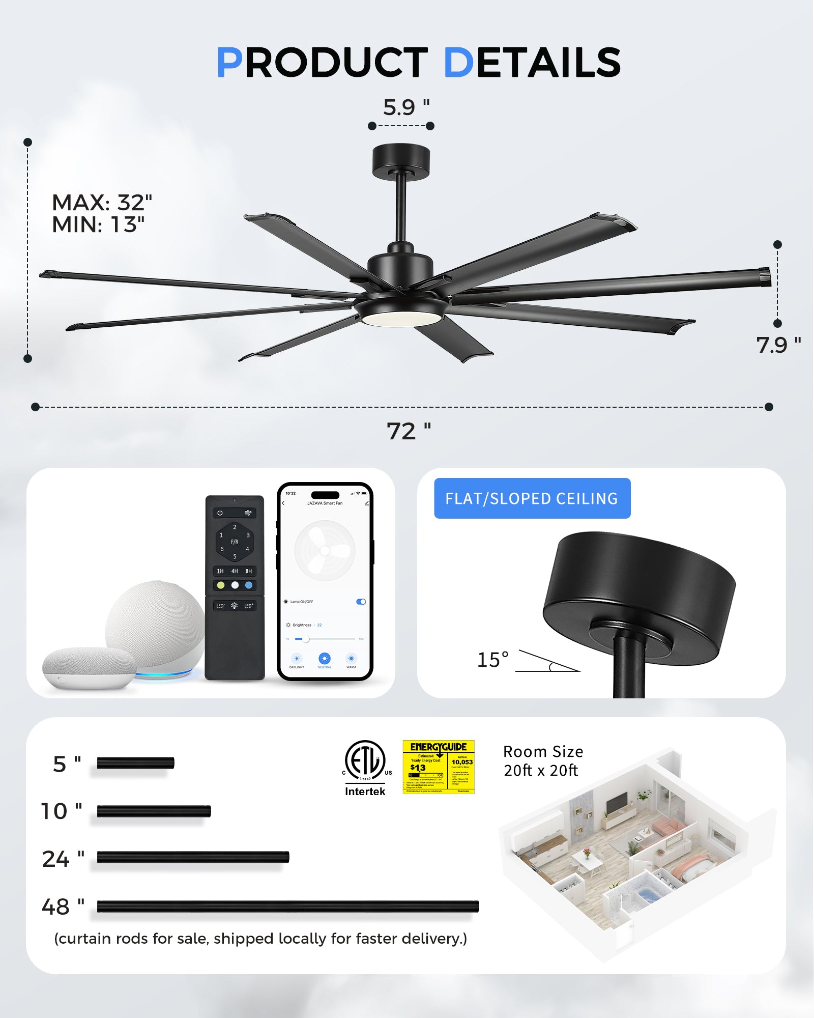 72" Smart Ceiling Fan with Light,Aluminium Blades,Works with Alexa,Matte Black