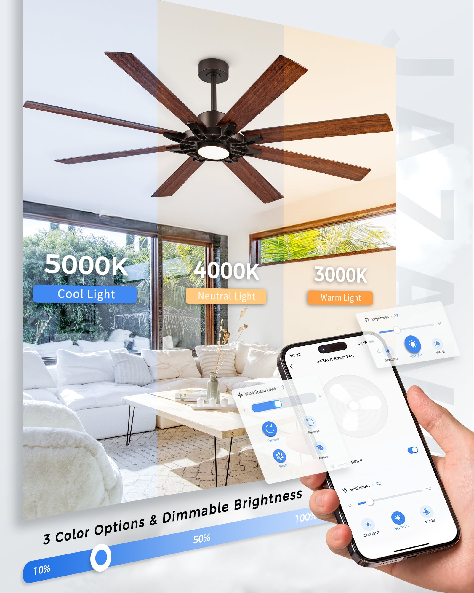 72" Smart Ceiling Fan with Light, Patented Hub Design, Plywood Blade, Alexa App Control, Bronze & Wood