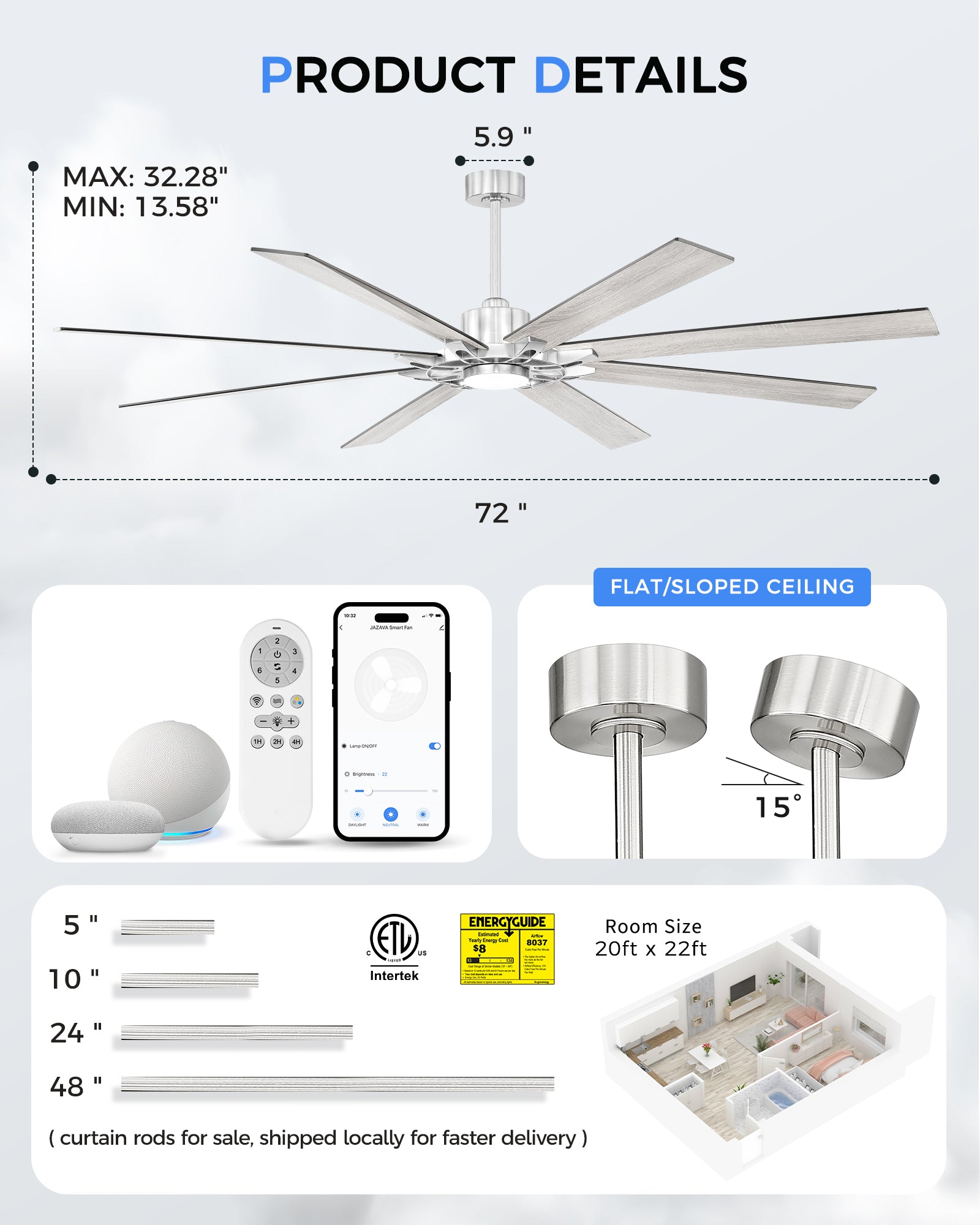 72" Smart Ceiling Fan with Light, Patented Hub Design, Plywood Blade, Alexa App Control, Brushed Nickel & Wood
